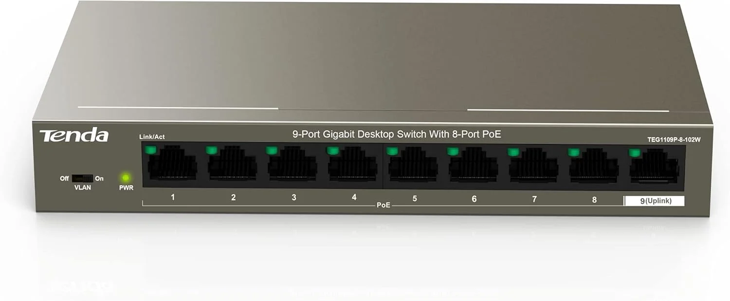 سوئیچ 9 پورت گیگابیتی PoE تندا با 8 پورت PoE+، استاندارد IEEE 802.3af/at، بودجه PoE 92W، VLAN، محافظت در برابر اضافه بار، Plug & Play، ایده آل برای دوربین مداربسته/اکسس پوینت، بدنه فلزی (TEG1109P-8-102W) سوئیچ 9 پورت گیگابیتی PoE تندا با 8 پورت PoE+، استاندارد IEEE 802.3af/at، بودجه PoE 92W، VLAN، محافظت در برابر اضافه بار، Plug & Play، ایده آل برای دوربین مداربسته/اکسس پوینت، بدنه فلزی (TEG1109P-8-102W)