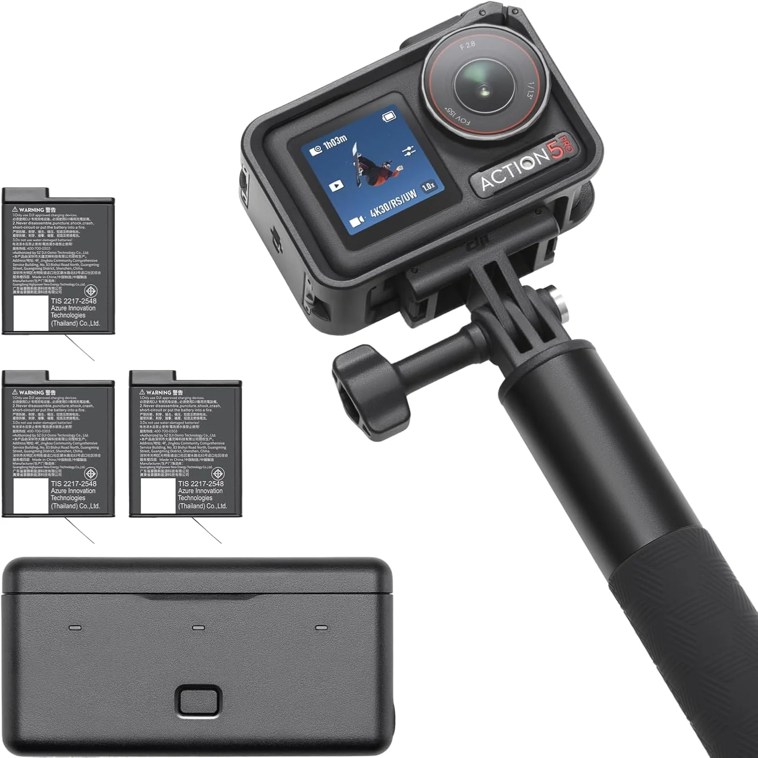 DJI Osmo Action 5 Pro Adventure Combo، دوربین اکشن 4K با سنسور 1/1.3 اینچی، عمر باتری طولانی 12 ساعته با 3 باتری، تثبیت کننده، صفحه نمایش لمسی دوگانه OLED، دوربین اکشن مینی برای سفر، ولاگ