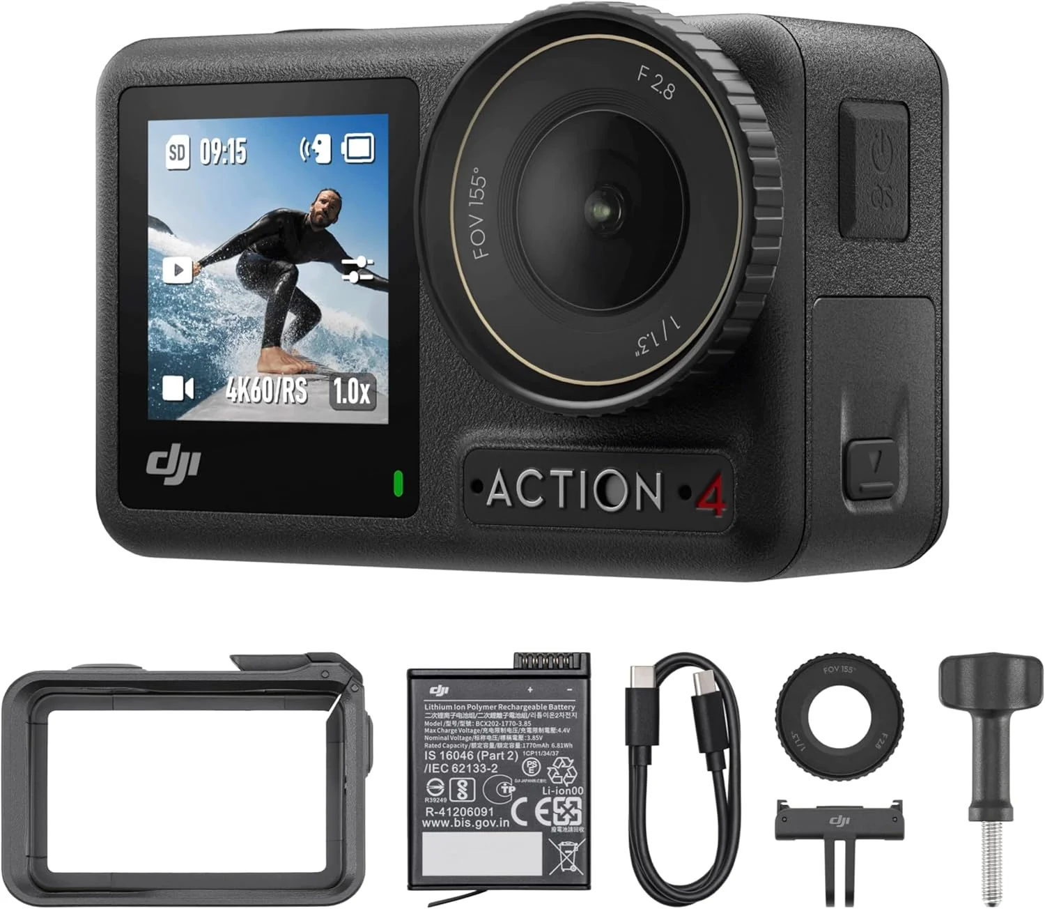 DJI Osmo Action 4 Essential Combo، دوربین اکشن ضد آب 4K/120fps با سنسور 1/1.3 اینچی، تصویربرداری خیره کننده در نور کم، عملکرد رنگ 10 بیتی و D-Log M، 160 دقیقه ماندگاری طولانی، دوربین فضای باز