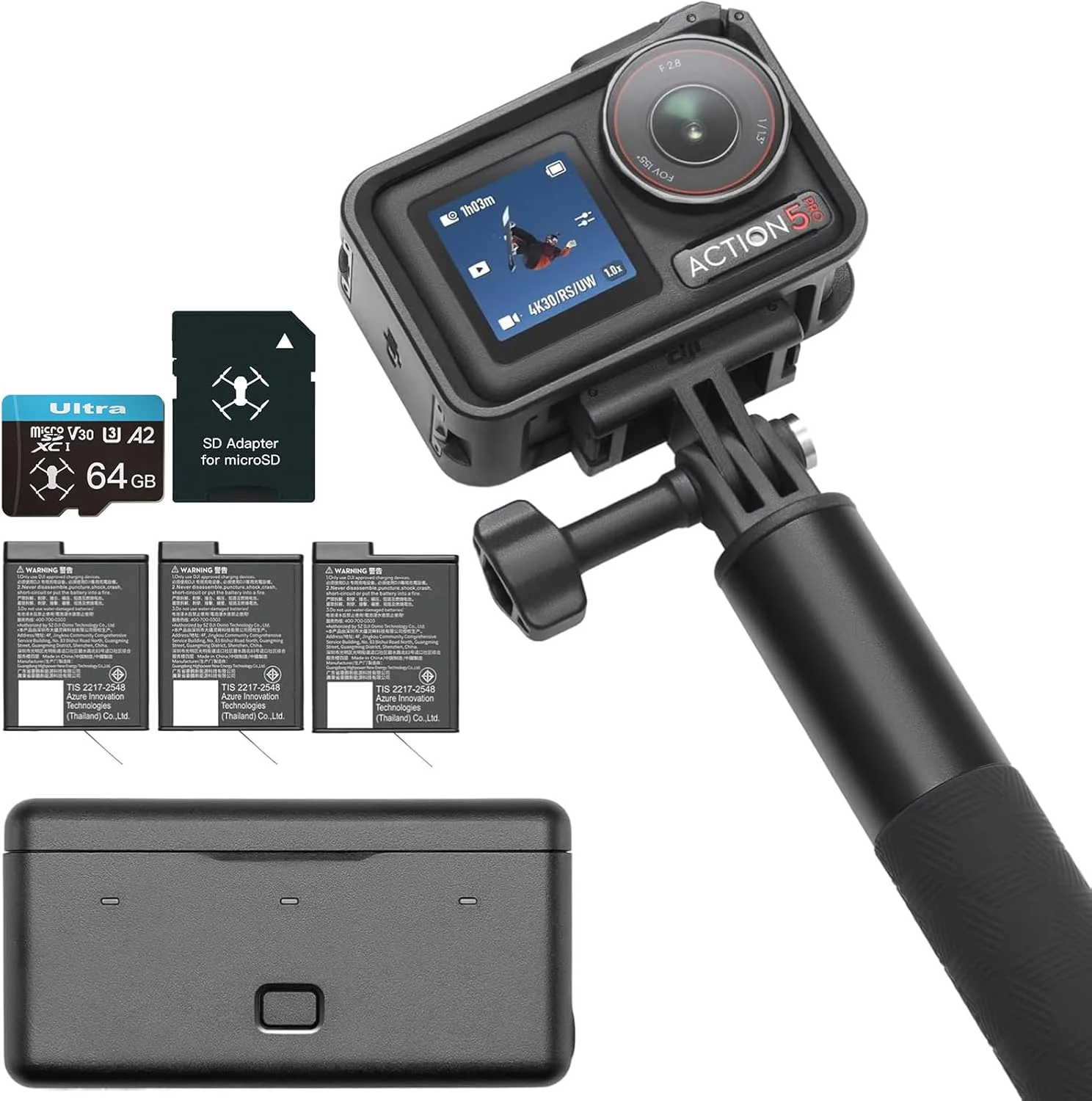 DJI Osmo Action 5 Pro Adventure Combo به همراه کارت microSDXC 64 گیگابایتی - دوربین اکشن ضد آب با سنسور 1/1.3 اینچی، فیلمبرداری 4K/120fps، دوربین اکشن 4K ایده آل برای ورزش و ولاگ