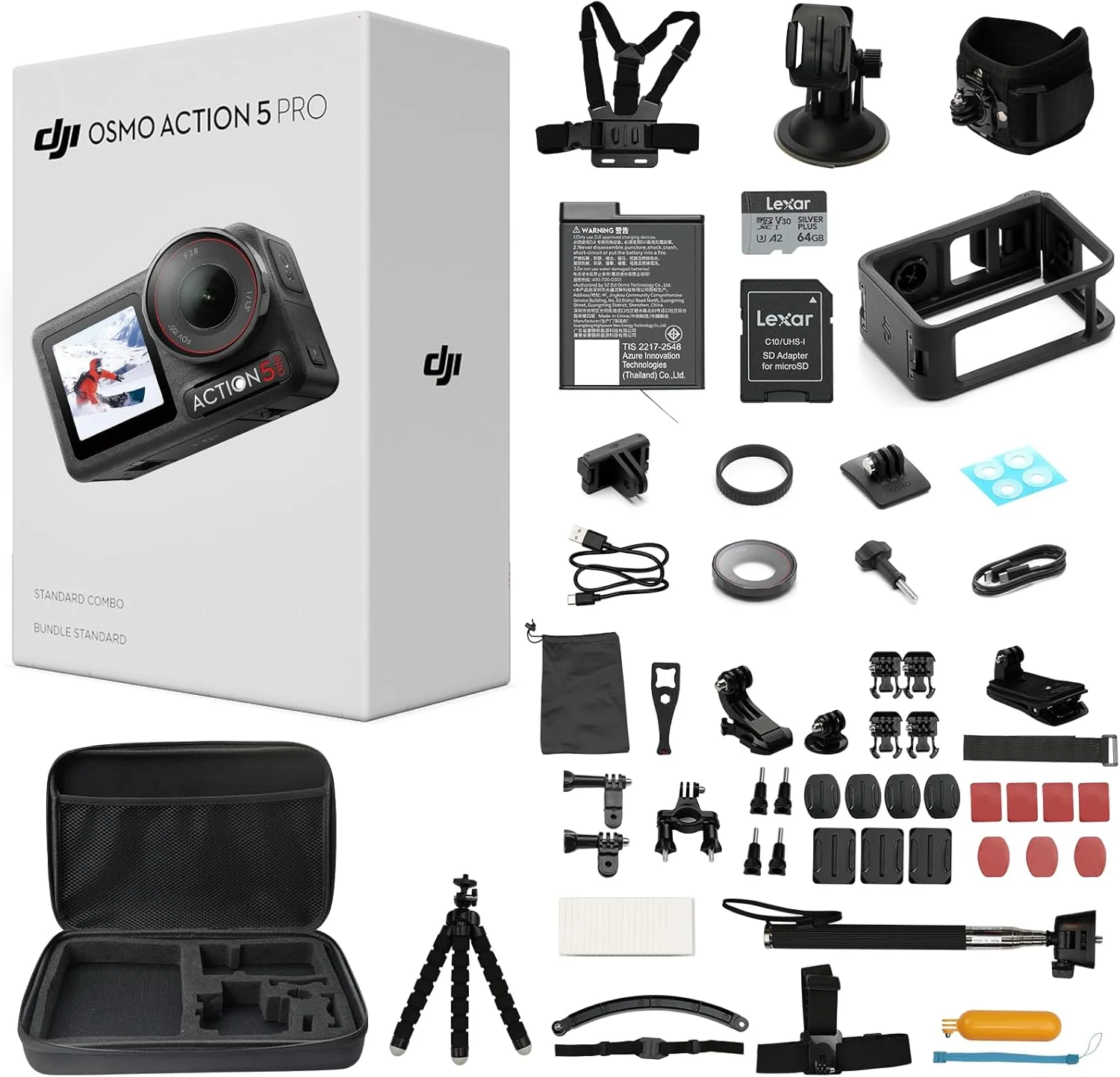 DJI Osmo Action 5 Pro Standard Combo، با کیت لوازم جانبی 58 تکه + کارت 64 گیگابایتی - دوربین اکشن ضد آب با سنسور 1/1.3 اینچی، فیلمبرداری 4K/120fps، دوربین اکشن 4K ایده آل برای ورزش (مجموعا 1 باتری)