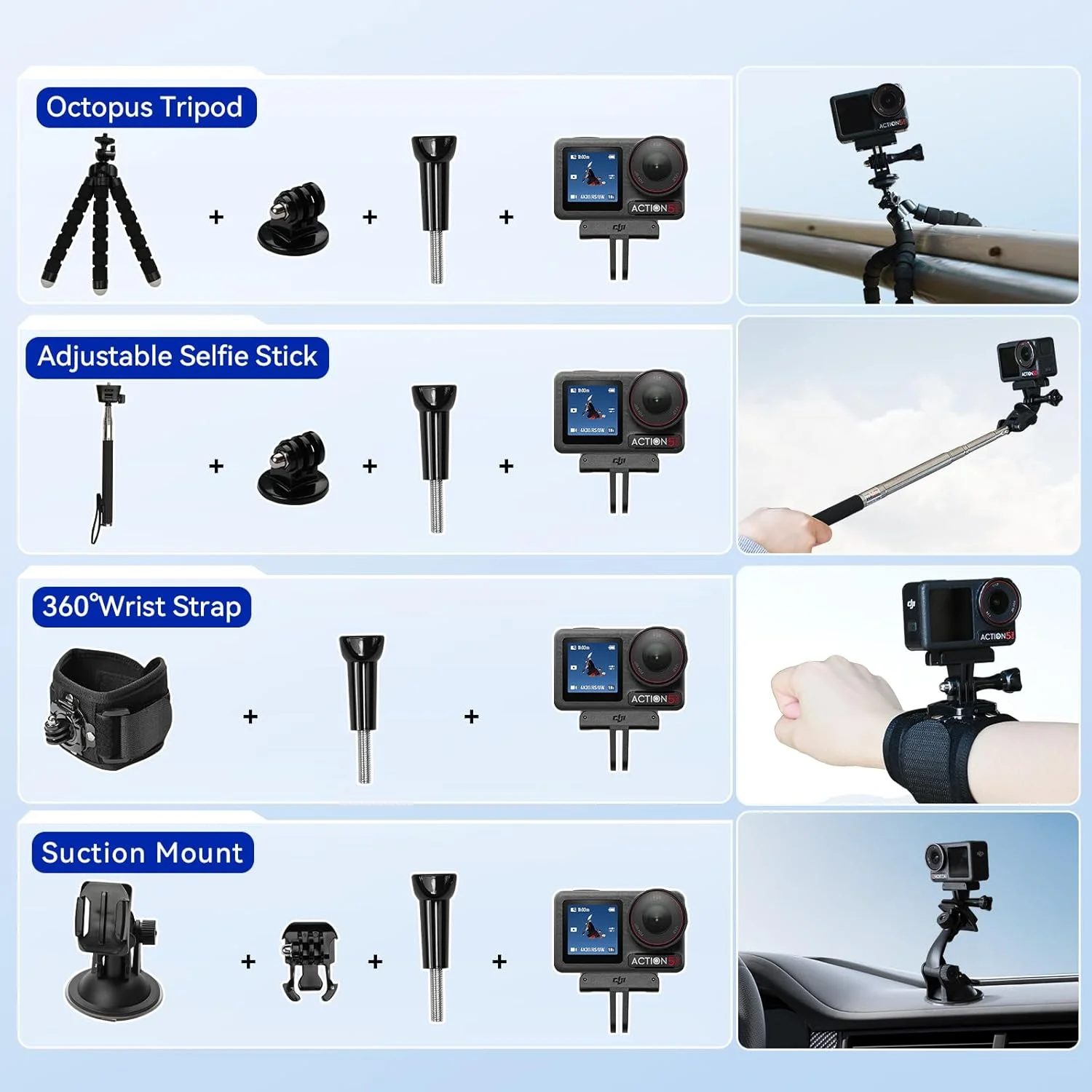 DJI Osmo Action 5 Pro Standard Combo، با کیت لوازم جانبی 58 تکه + کارت 64 گیگابایتی - دوربین اکشن ضد آب با سنسور 1/1.3 اینچی، فیلمبرداری 4K/120fps، دوربین اکشن 4K ایده آل برای ورزش (مجموعا 1 باتری)