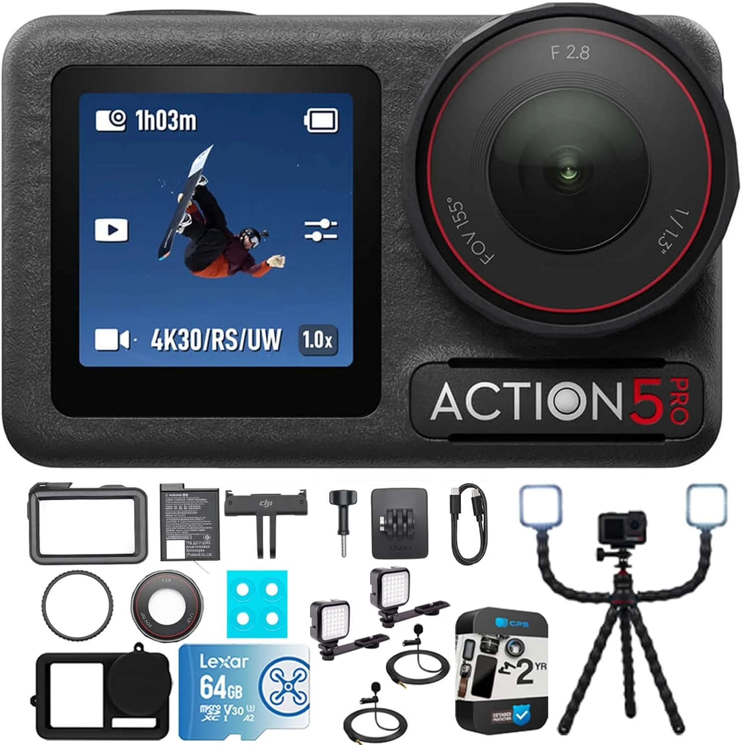 DJI Osmo Action 5 Pro Standard Combo، بسته ویدیویی 4K با سه پایه ولاگینگ، کارت 64 گیگابایتی، قاب محافظ سیلیکونی، 2 عدد چراغ LED، 2 عدد میکروفون یقه ای مینی کلیپسی و بسته محافظت پیشرفته 2 ساله CPS