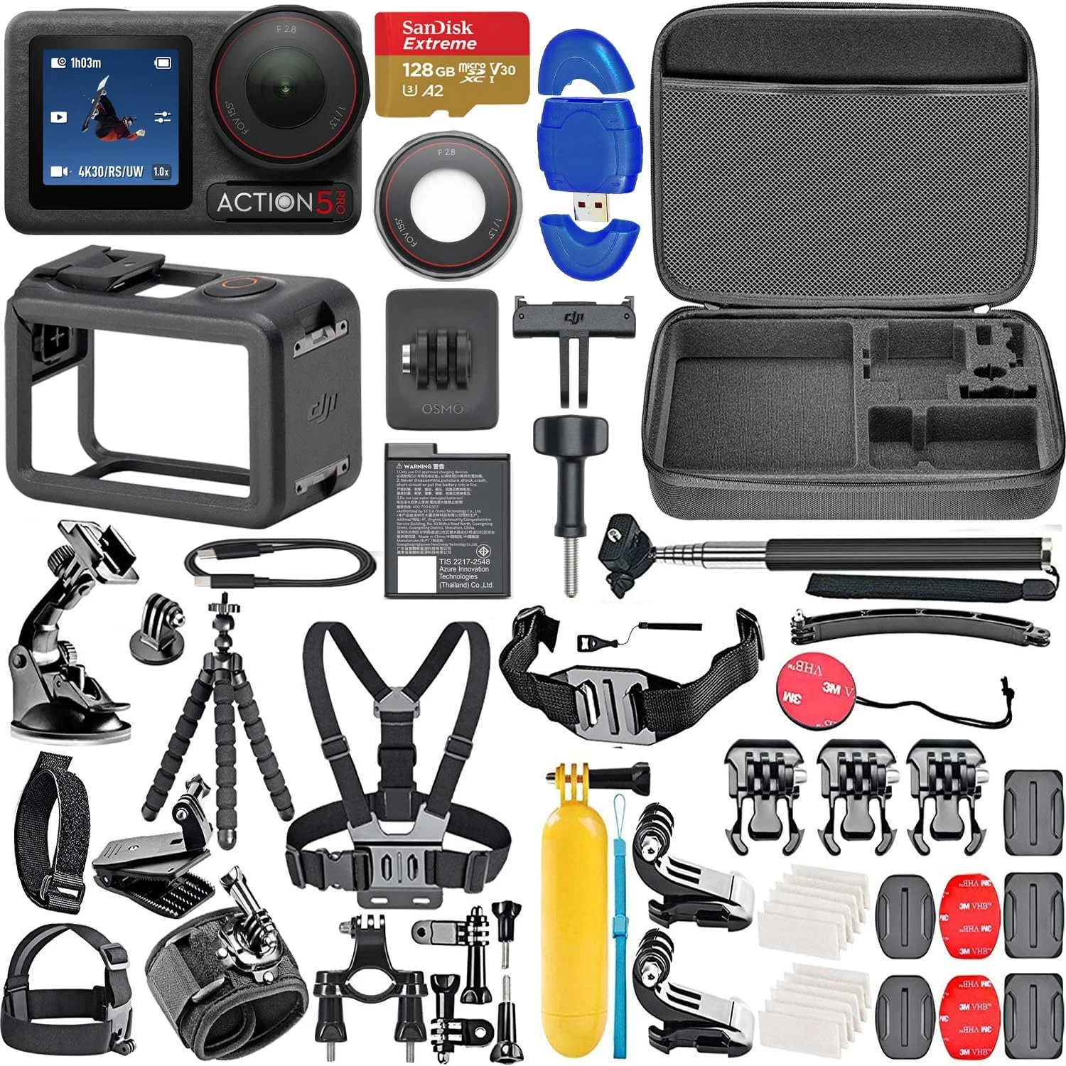 DJI Osmo Action 5 Pro Combo Standard، دوربین اکشن ضد آب با فیلمبرداری 4K/120fps، 40MP، تثبیت کننده، + کارت حافظه 128 گیگابایتی، کارت خوان پرسرعت + کیت لوازم جانبی
