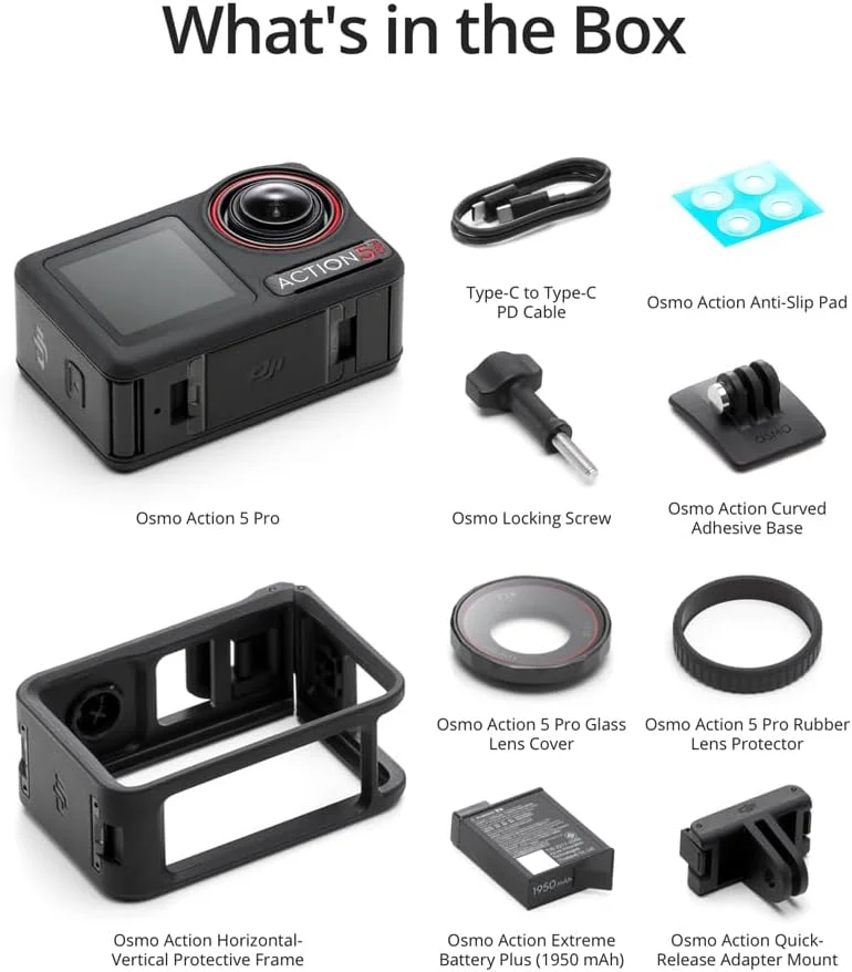 DJI Osmo Action 5 Pro Standard Combo، بسته ویدیویی 4K با سه پایه ولاگینگ، کارت 64 گیگابایتی، قاب محافظ سیلیکونی، 2 عدد چراغ LED، 2 عدد میکروفون یقه ای مینی کلیپسی و بسته محافظت پیشرفته 2 ساله CPS