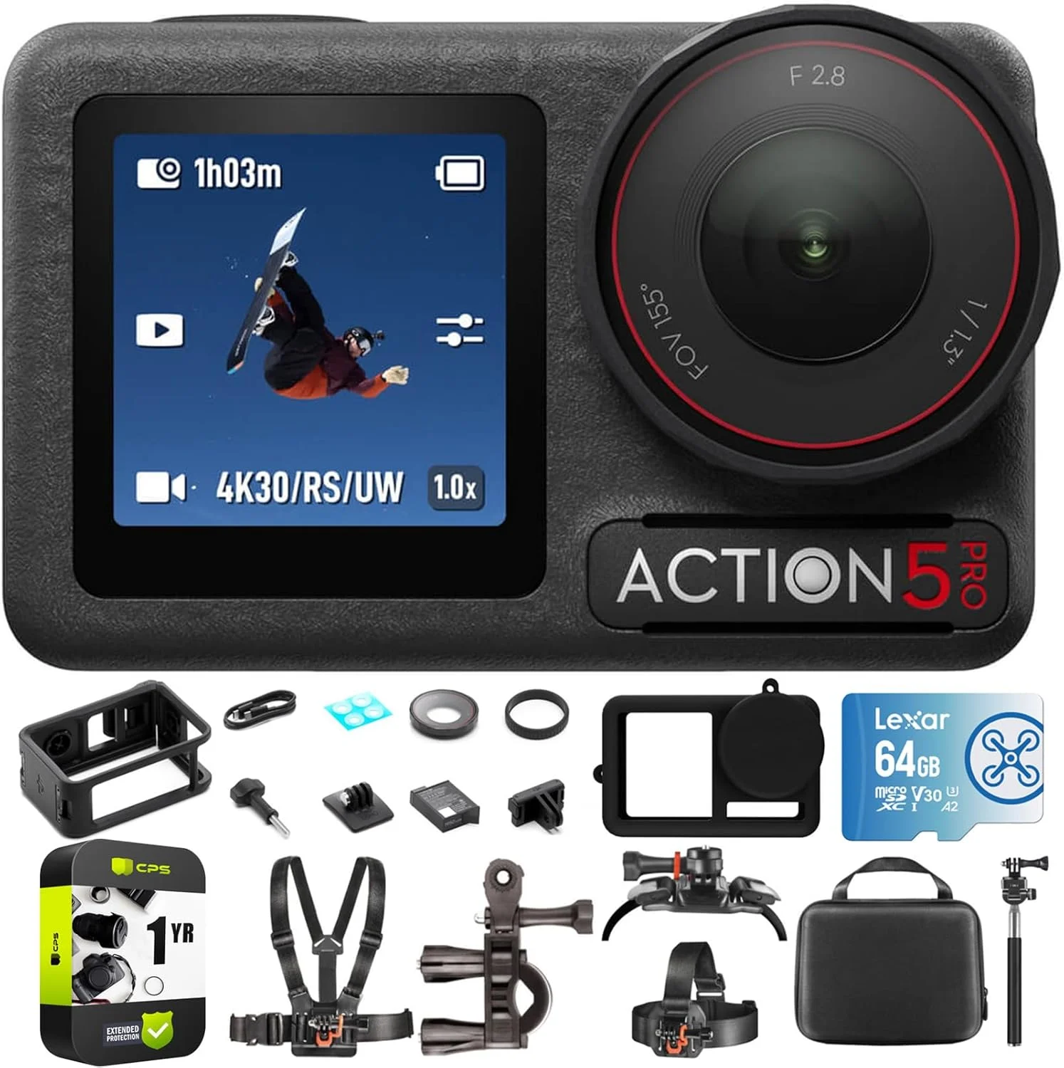 DJI Osmo Action 5 Pro Combo Standard، باتری 4 ساعته، بسته ویدیویی 4K با کیت اکشن فضای باز، کارت microSDXC 64 گیگابایتی، قاب محافظ سیلیکونی و بسته لوازم جانبی