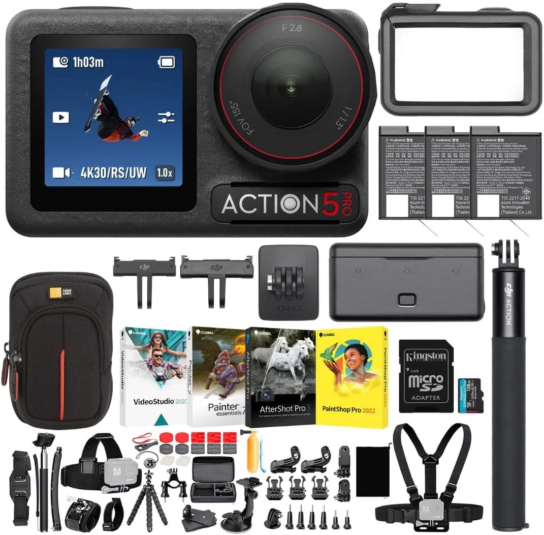 مجموعه کمبو ماجراجویی DJI Osmo Action 5 Pro به همراه کارت MicroSDXC 128 گیگابایتی، کیف دوربین، بسته نرم افزاری 4 تایی عکس و مجموعه لوازم جانبی دوربین اکشن 50 در 1 (5 قلم)