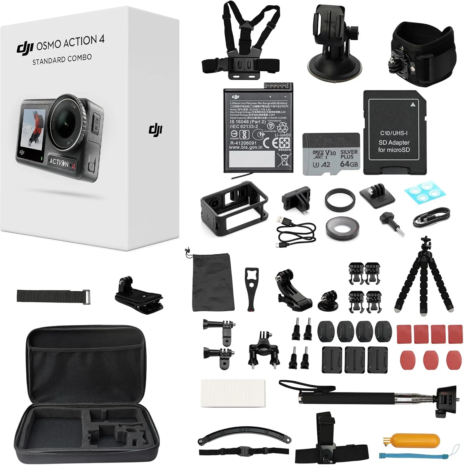 DJI Osmo Action 4 Standard Combo به همراه کیت لوازم جانبی 50 تکه + کارت 64 گیگابایتی، دوربین اکشن ضد آب 4K/120fps با سنسور 1/1.3 اینچی، 160 دقیقه عمر باتری طولانی، دوربین فضای باز (مجموعا 1 باتری)