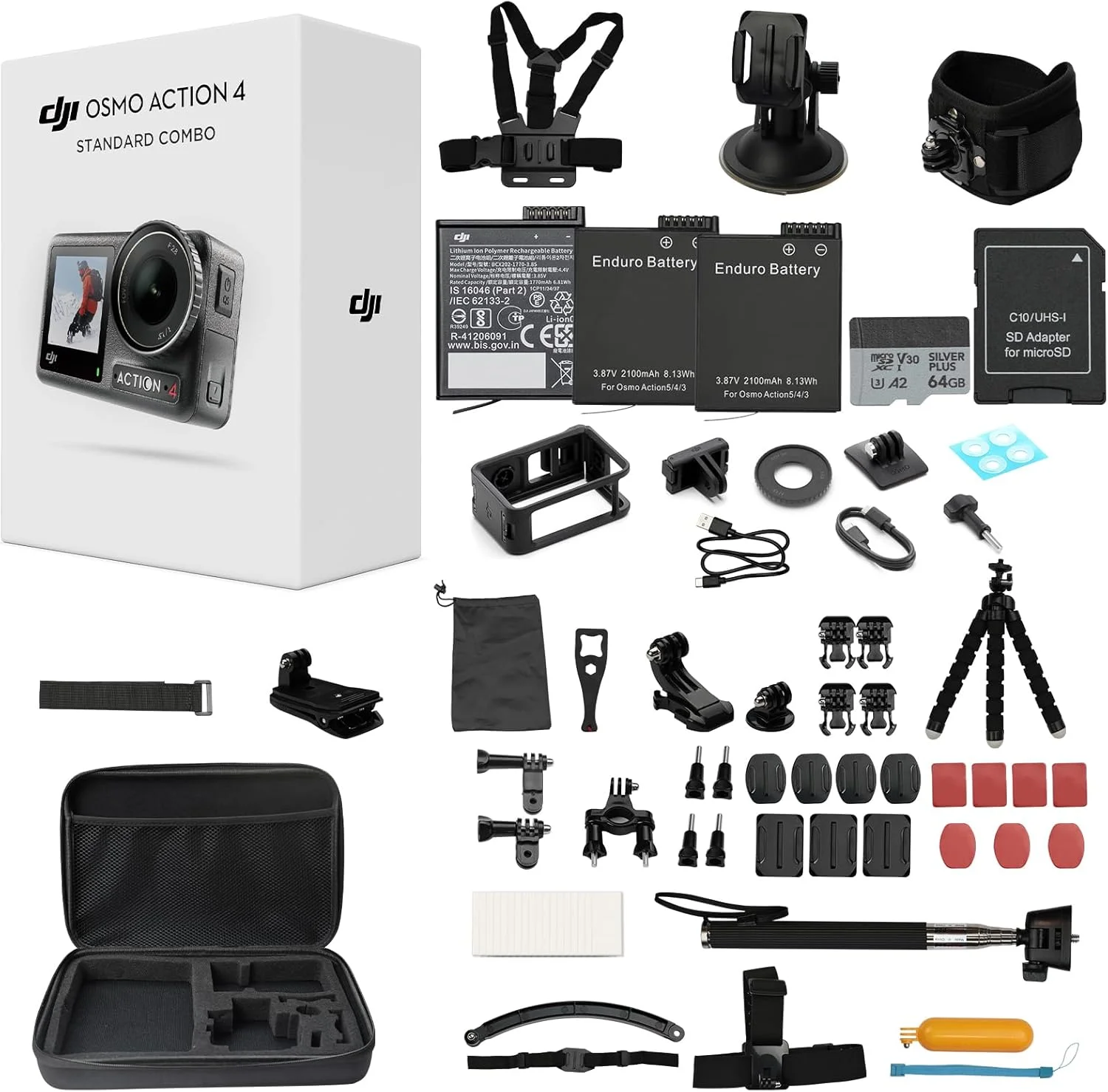 DJI Osmo Action 4 Standard Combo به همراه کیت لوازم جانبی 50 تکه + 2 باتری اضافی + کارت 64 گیگابایتی، دوربین اکشن ضد آب 4K/120fps با سنسور 1/1.3 اینچی، 160 دقیقه ماندگاری طولانی، دوربین فضای باز