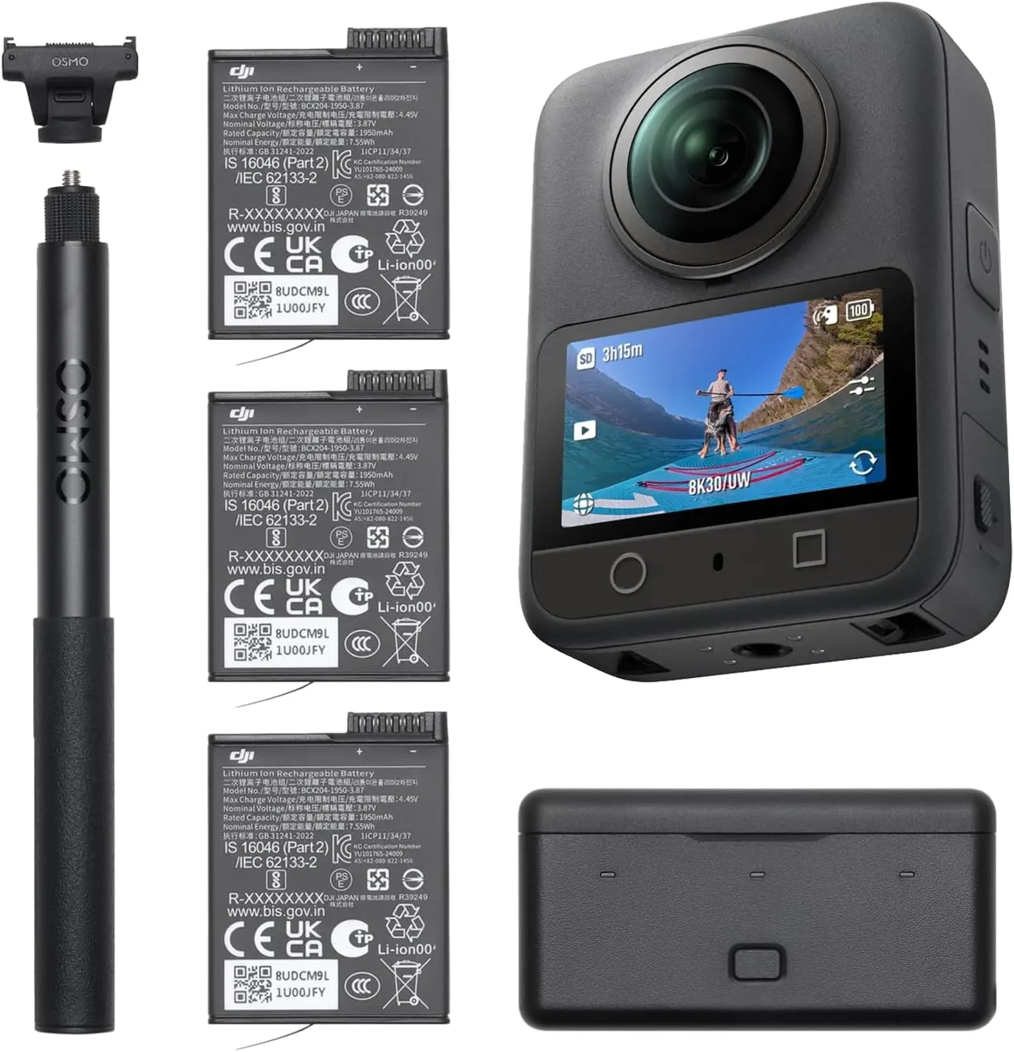DJI Osmo 360 Adventure Combo - دوربین اکشن 360 درجه ضد آب 8K با سنسور 1 اینچی، حافظه داخلی 128 گیگابایتی، ضبط 8K به مدت 100 دقیقه، ویدیو 4K/120fps و زاویه دید عریض 170 درجه، به همراه 3 باتری اکستریم (1950 میلی آمپر ساعت)