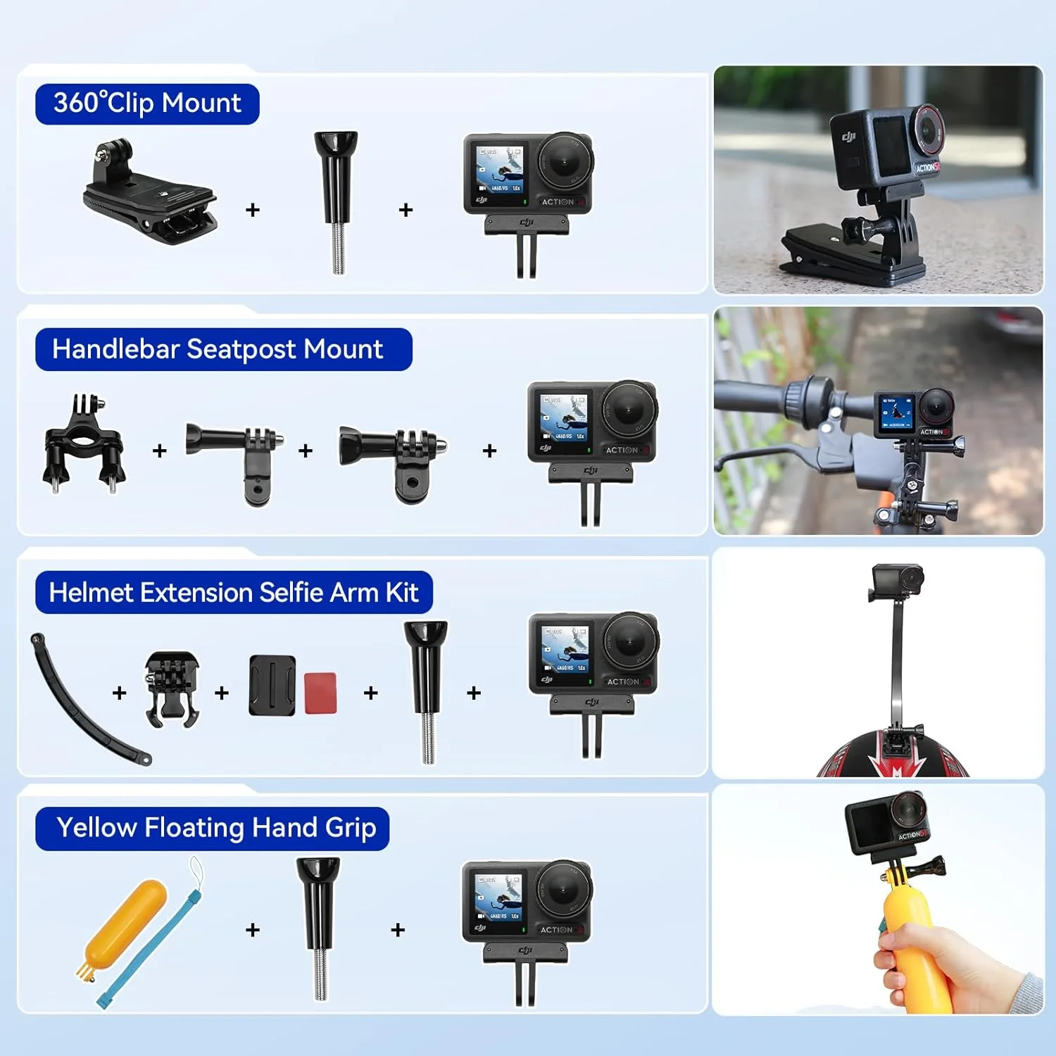 DJI Osmo Action 4 Standard Combo به همراه کیت لوازم جانبی 50 تکه + 2 باتری اضافی + کارت 64 گیگابایتی، دوربین اکشن ضد آب 4K/120fps با سنسور 1/1.3 اینچی، 160 دقیقه ماندگاری طولانی، دوربین فضای باز
