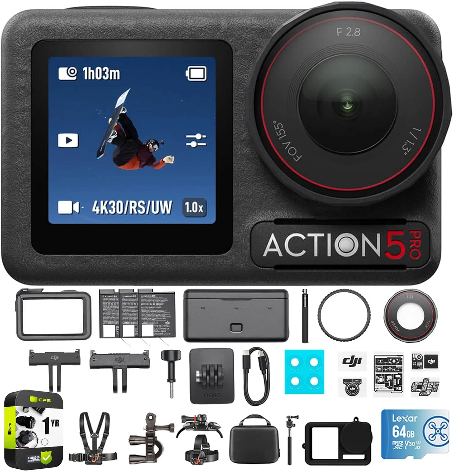 DJI Osmo Action 5 Pro Adventure Combo، باتری 4 ساعته، بسته ویدیویی 4K با کیت اکشن فضای باز، کارت microSDXC 64 گیگابایتی، قاب محافظ سیلیکونی و بسته محافظت پیشرفته 1 ساله CPS