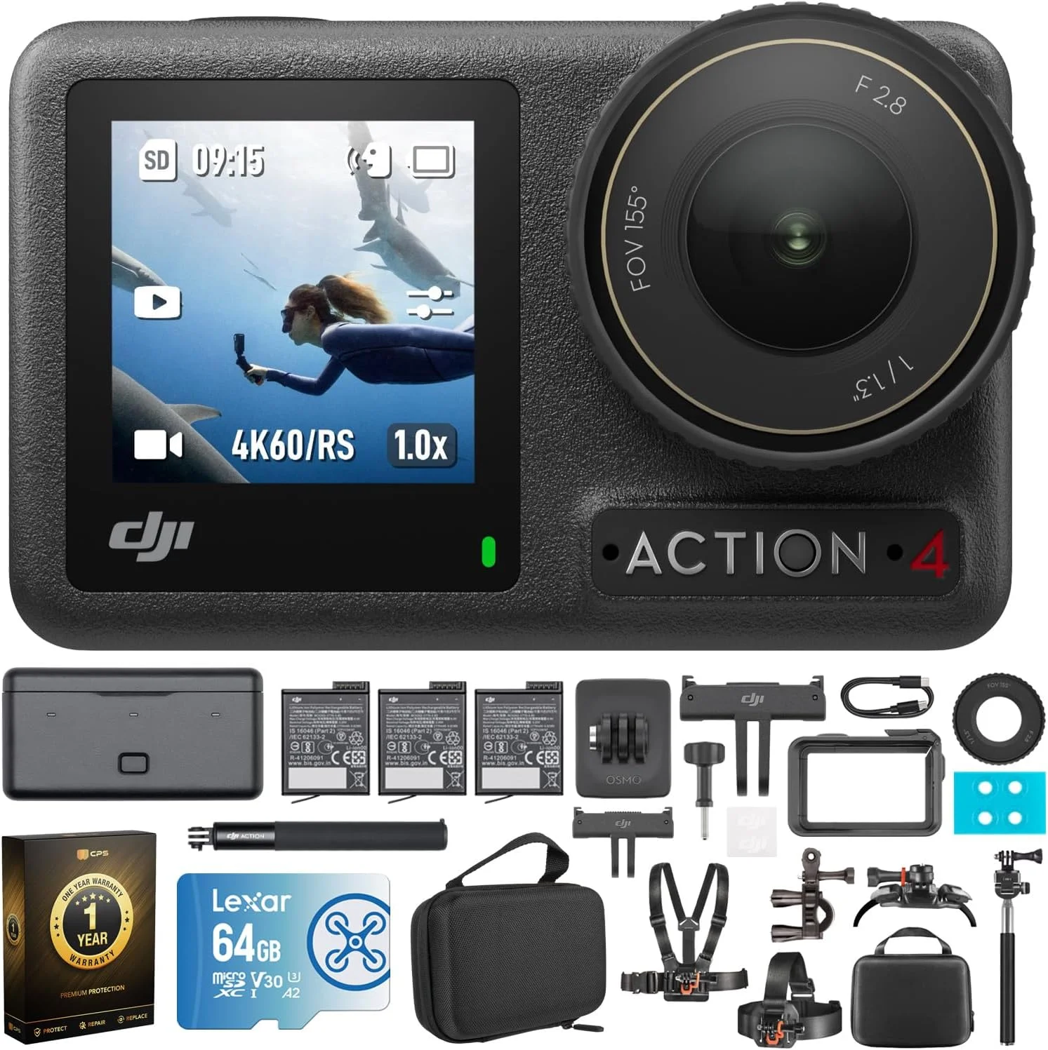 DJI Osmo Action 4 Adventure Combo - دوربین اکشن ضد آب 4K به همراه بسته باتری با کارت حافظه Lexar 64GB، قاب محافظ، بسته محافظت پیشرفته 1 ساله CPS و کیت لوازم جانبی 6 تکه