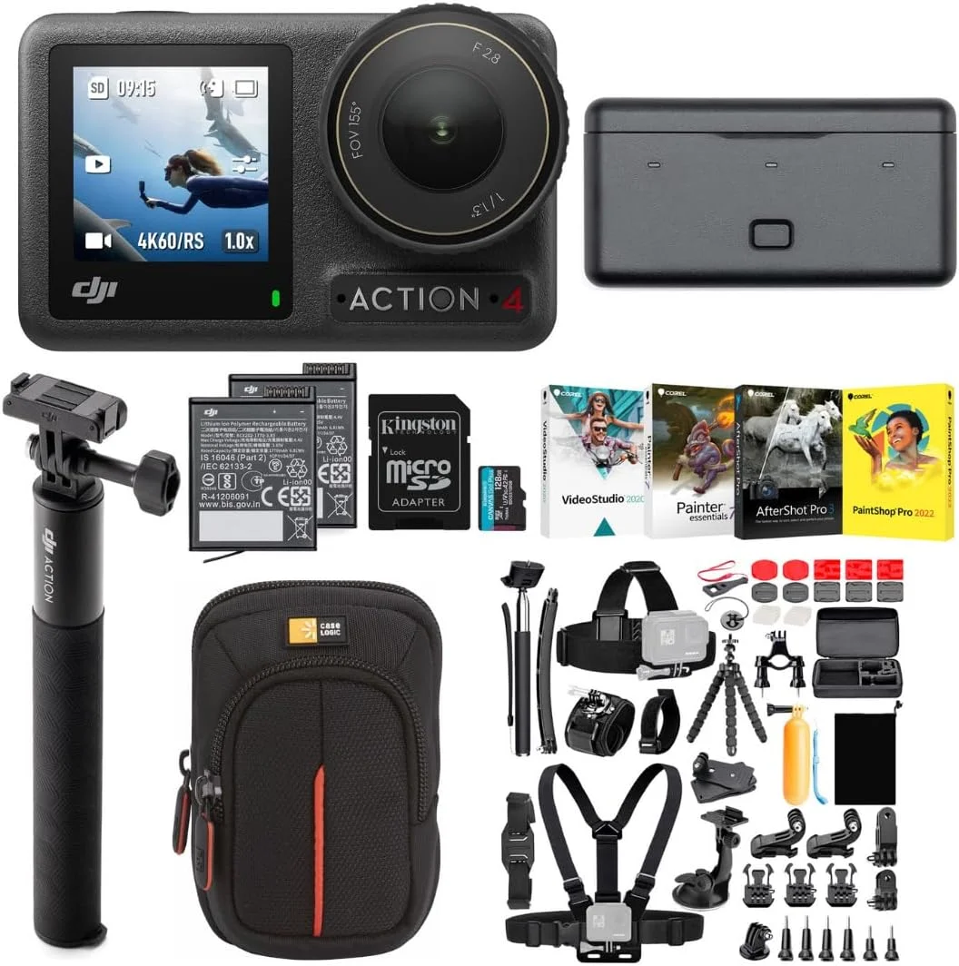 پکیج کمبو ماجراجویی دوربین DJI Osmo Action 4 به همراه کیت لوازم جانبی 50 تکه، کارت حافظه و نرم افزار - سنسور 1/1.3 اینچی، تصویربرداری در نور کم، مقاوم در برابر انجماد و عمر باتری طولانی