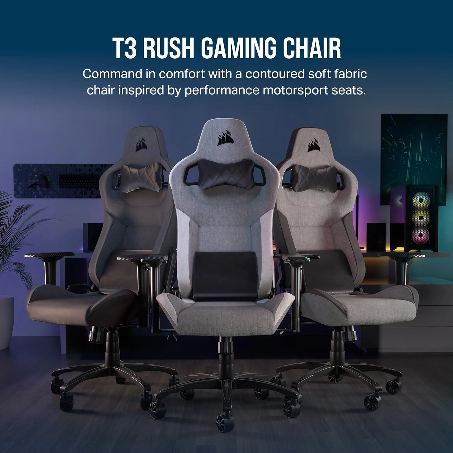 صندلی گیمینگ پارچه ای Corsair T3 RUSH (2023) - طراحی الهام گرفته از مسابقات اتومبیل رانی - روکش پارچه ای نرم - بالشتک گردن دار - پشتیبانی کمری فوم حافظه دار - ارتفاع صندلی قابل تنظیم - ذغالی و مشکی صندلی گیمینگ پارچه ای Corsair T3 RUSH (2023) - طراحی الهام گرفته از مسابقات اتومبیل رانی - روکش پارچه ای نرم - بالشتک گردن دار - پشتیبانی کمری فوم حافظه دار - ارتفاع صندلی قابل تنظیم - ذغالی و مشکی