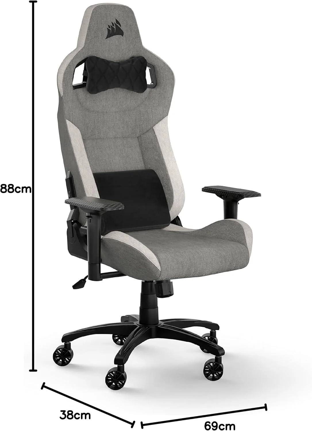 صندلی گیمینگ پارچه ای Corsair T3 RUSH، سبک مسابقه ای، روکش پارچه ای نرم، بالشتک گردن و پشتیبانی کمری، ارتفاع صندلی قابل تنظیم، خاکستری و سفید