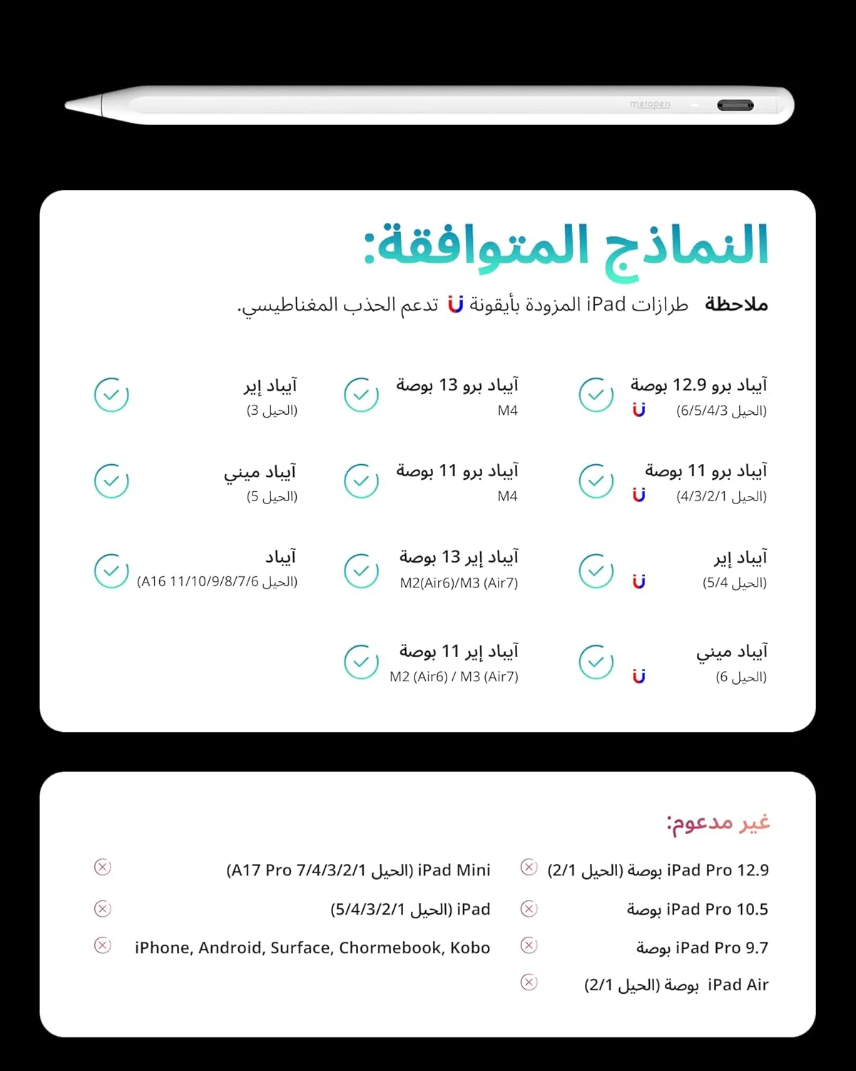 قلم Metapen Pencil A8 برای Apple 2018-2025، شارژ سریعتر 2 برابر، حساسیت به شیب، دقت پیکسلی، قلم استایلوس برای iPad نسل‌های 11-6 Pro 12.9/11/13 M4 Air 3/4/5/M2/M3 Mini 5/6 سفید