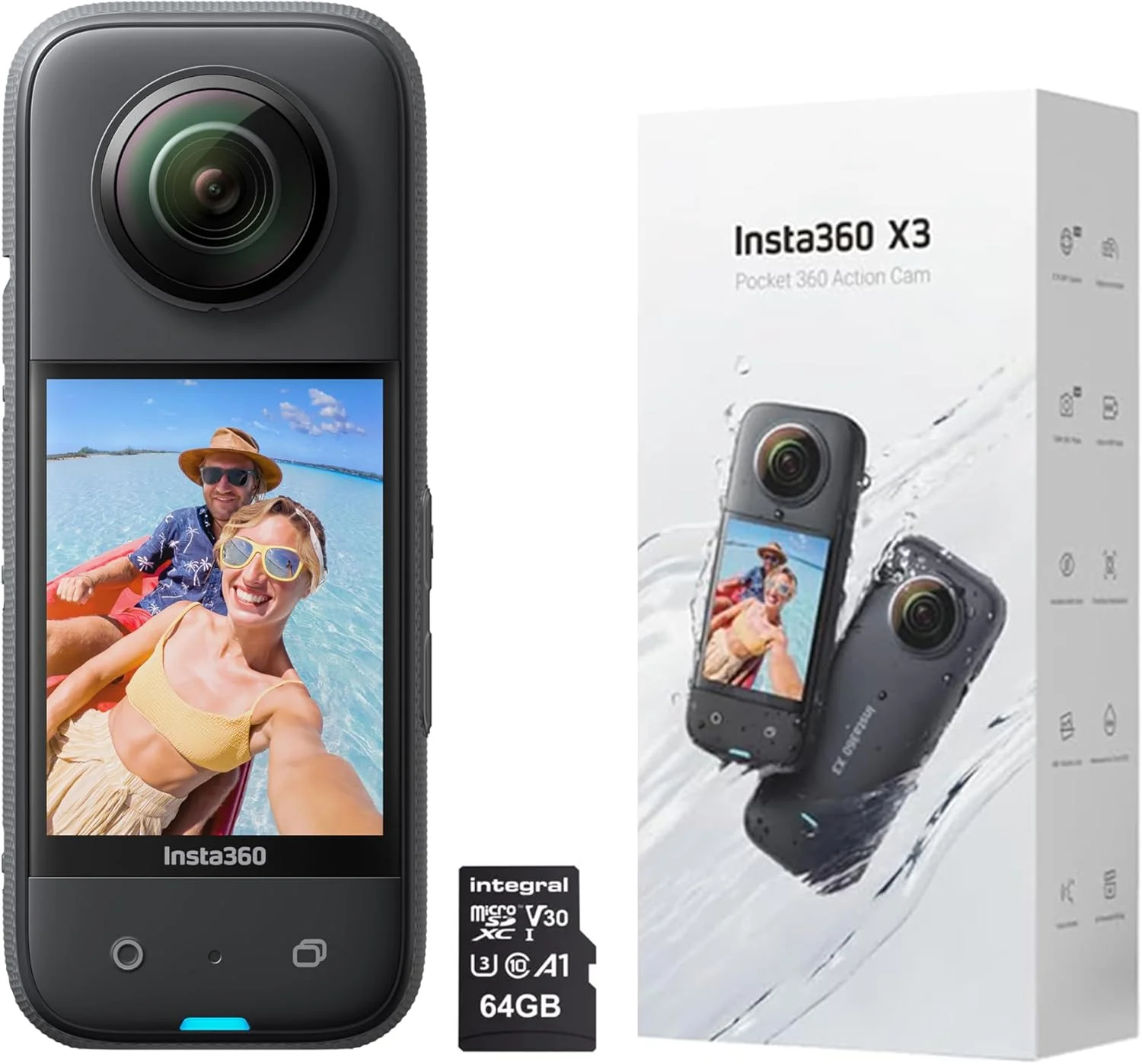 دوربین اکشن 360 درجه ضد آب Insta360 X3 با سنسور 1/2 اینچی، 5.7K 360، عکس های 72 مگاپیکسلی 360، تثبیت کننده، صفحه نمایش لمسی 2.29 اینچی، ویرایش هوش مصنوعی، پخش زنده، وب کم، کنترل صوتی با کارت حافظه 64 گیگابایتی