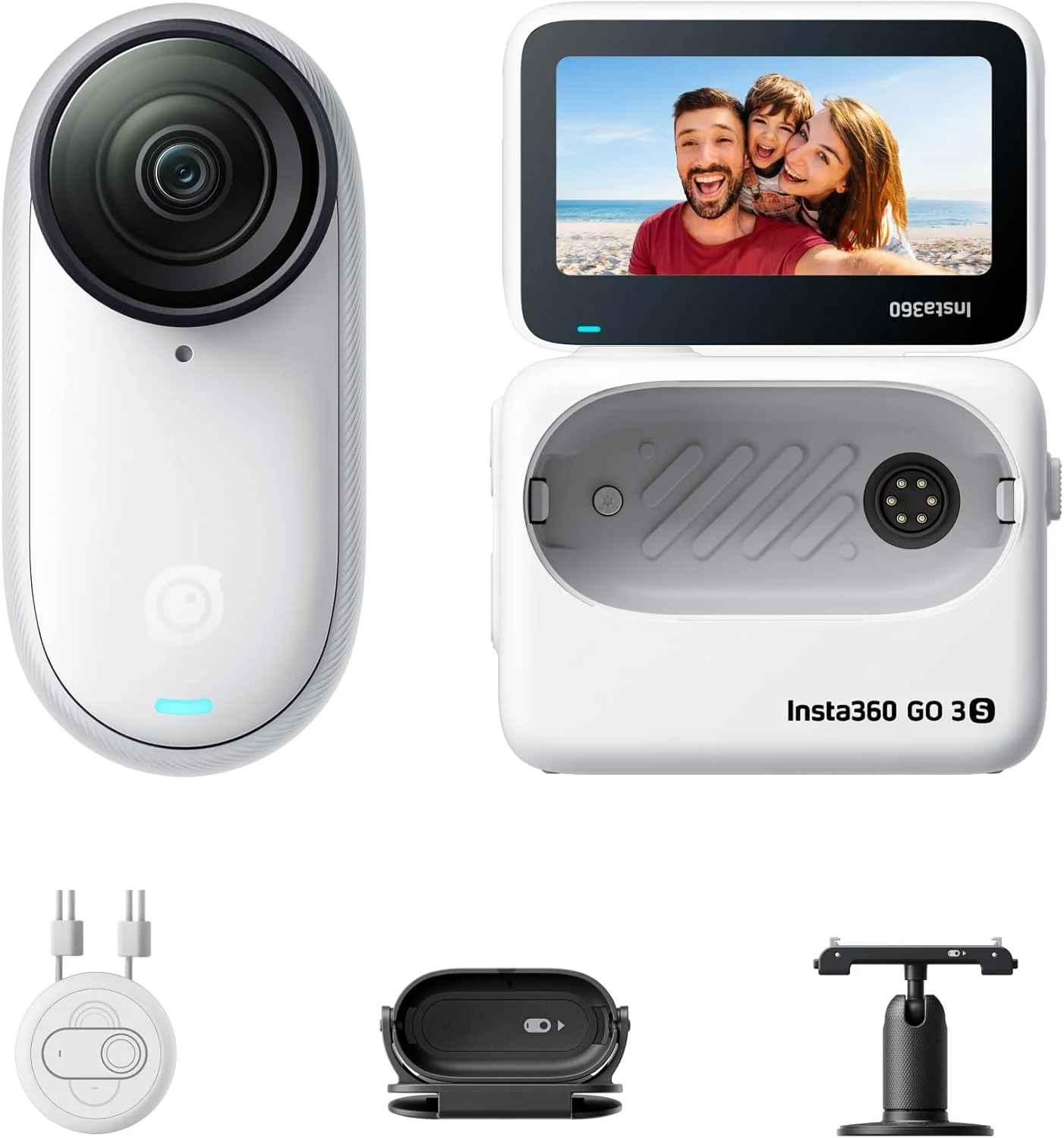 دوربین فیلمبرداری کوچک و قابل حمل 4K اینستا 360 GO 3S با حافظه 128 گیگابایت، بدون نیاز به دست، قابل نصب در هر مکان، دارای لرزشگیر، عمر باتری 140 دقیقه، ضد آب تا عمق 10 متر، قابلیت Apple Find My، زاویه دید حیوانات خانگی، سفید