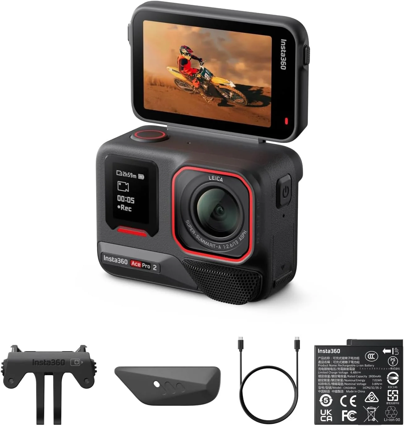 INSTA360 ACE PRO 2 | بسته باتری دوتایی | دوربین اکشن، مهندسی مشترک با Leica، کیفیت فوق العاده 8K با هوش مصنوعی، تثبیت کننده پیشرفته، طراحی ضد آب، جمع و جور و مقاوم - مشکی