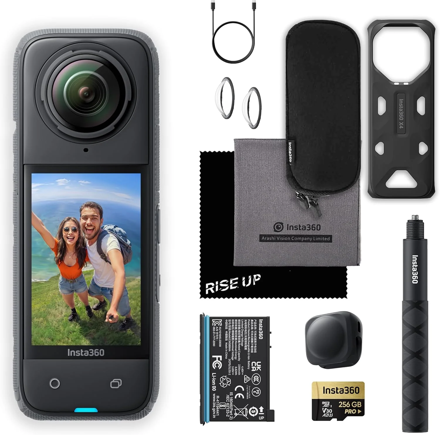 کیت دوربین اکشن 360 درجه ضد آب Insta360 X4 8K | پخش زنده، ویرایش هوش مصنوعی، عکس 360 درجه 72 مگاپیکسلی، دوربین فیلمبرداری 4K با زاویه دید عریض | شامل مونوپاد، درپوش لنز و کارت حافظه Micro SD 256 گیگابایتی