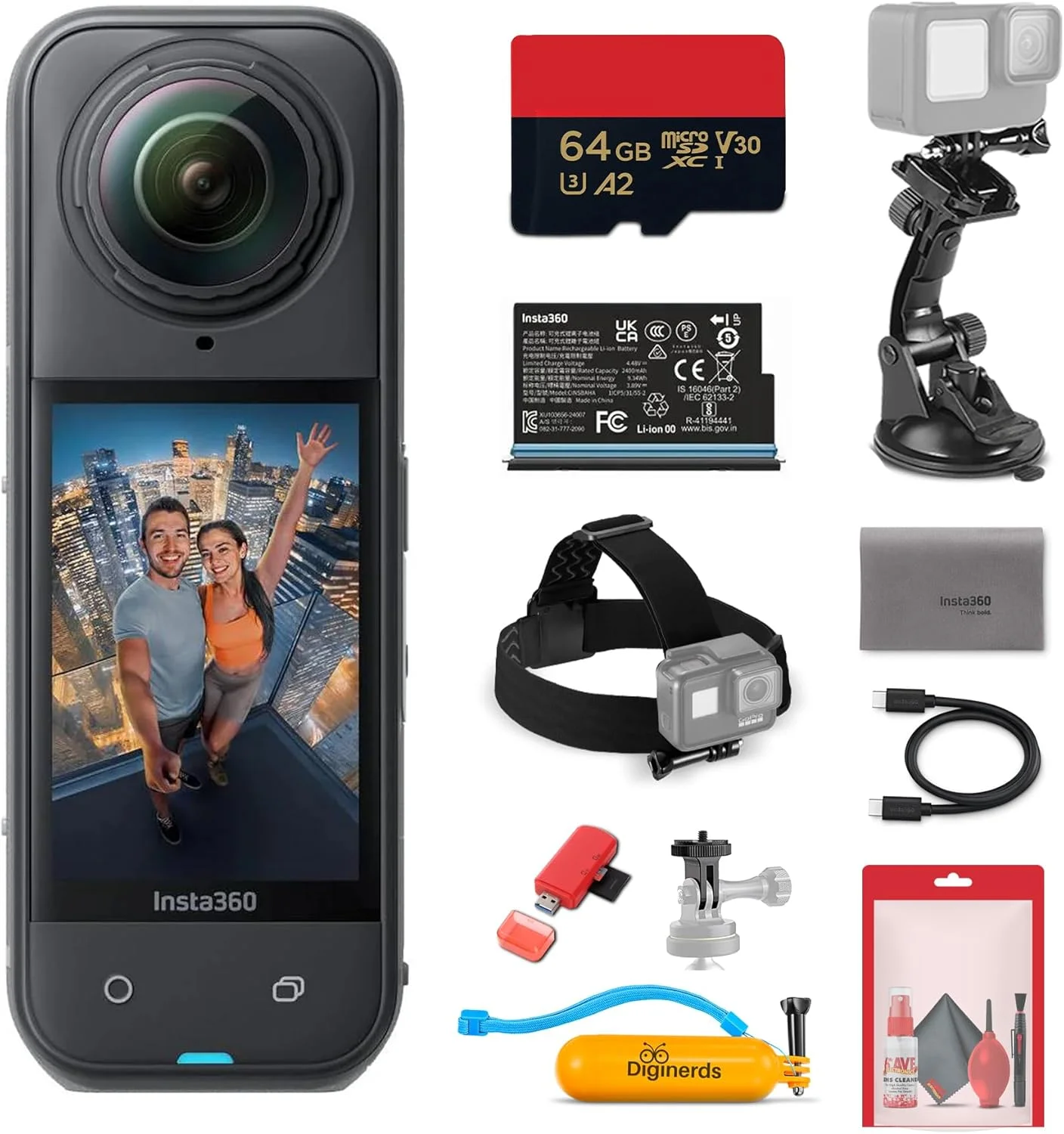دوربین اکشن 360 درجه ضد آب اینستا360 X5 8K | سنسورهای 1/1.28 اینچی، هوش مصنوعی PureVideo، لرزشگیر، عمر باتری 185 دقیقه، ساختار مقاوم (CINSAAHA_X501) + کیت لوازم جانبی 50 در 1 + کارت 64 گیگابایتی + موارد دیگر