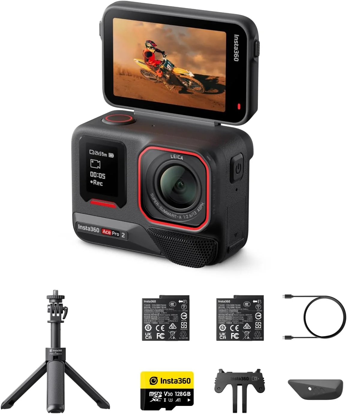 بسته آماده به کار Insta360 Ace Pro 2 - دوربین اکشن 8K ضد آب با همکاری لایکا، سنسور 1/1.3 اینچی، تراشه هوش مصنوعی دوگانه، نور کم پیشرو، صدای برتر، صفحه نمایش چرخشی و ویرایش هوش مصنوعی برای ولاگ