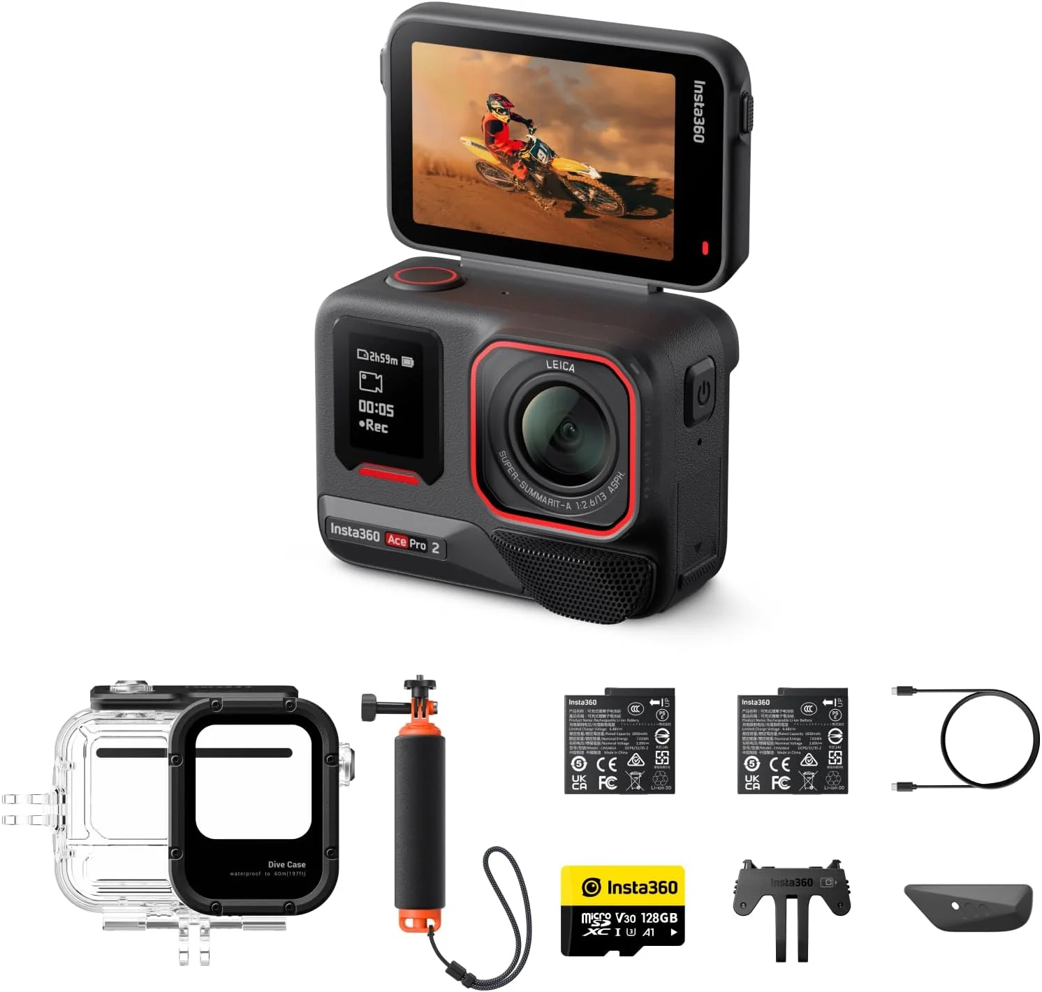 بسته غواصی Insta360 Ace Pro 2 - دوربین اکشن ضد آب 8K با همکاری Leica، سنسور 1/1.3 اینچی، تراشه هوش مصنوعی دوگانه، نور کم پیشرو، صدای برتر، صفحه نمایش چرخشی و ویرایش هوش مصنوعی برای ولاگ ها، موتورسواری