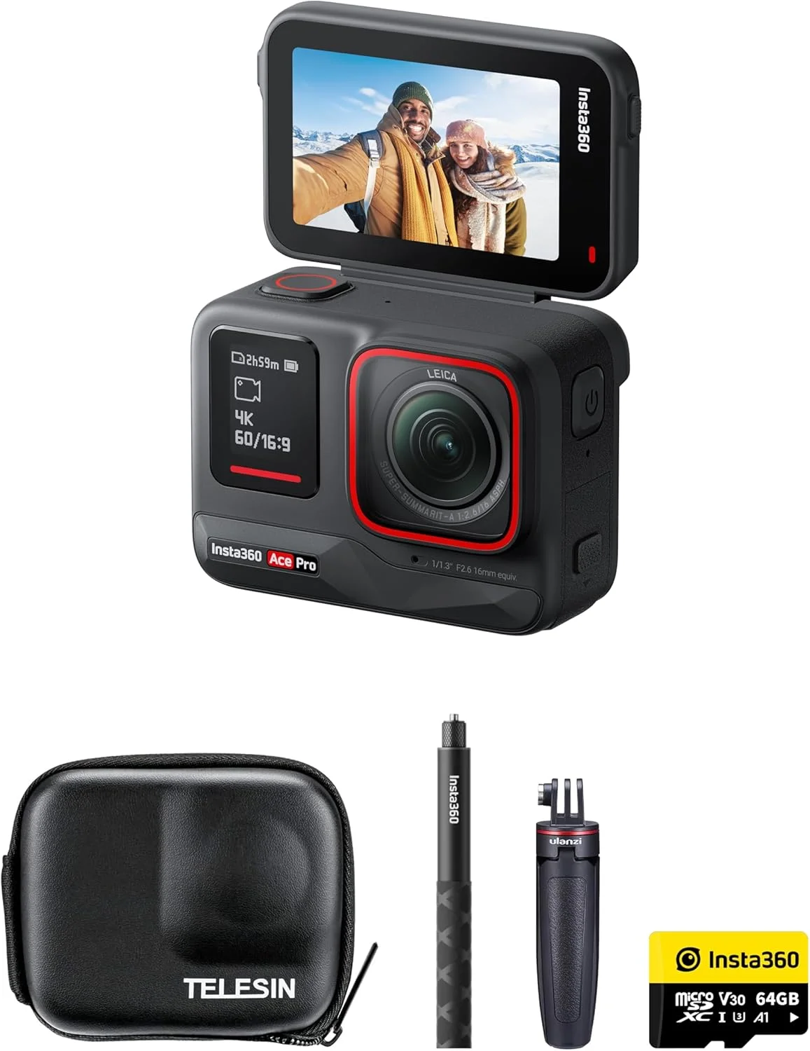 کیت حرفه ای دوربین اکشن 8K اینستا360 Ace Pro به همراه مونوپاد نامرئی، کارت حافظه 64 گیگابایتی، کیف و سه پایه رومیزی