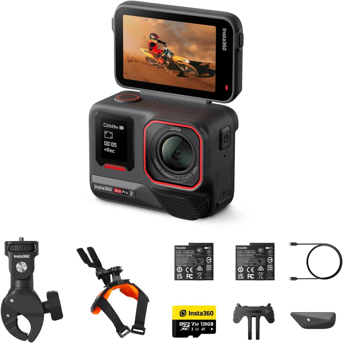 بسته موتورسیکلت Insta360 Ace Pro 2 - دوربین اکشن 8K ضد آب با همکاری لایکا، سنسور 1/1.3 اینچی، تراشه هوش مصنوعی دوگانه، نور کم پیشرو، صدای برتر، صفحه نمایش چرخشی و ویرایش هوش مصنوعی برای ولاگ ها
