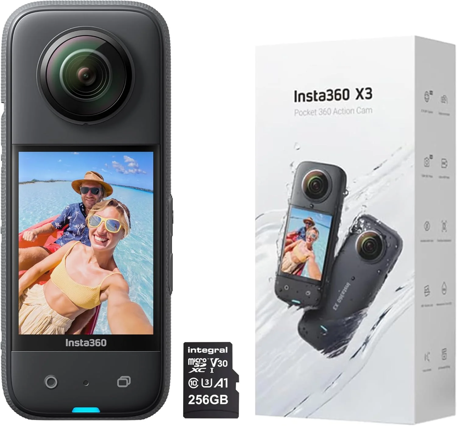 دوربین اکشن 360 درجه ضد آب Insta360 X3 با سنسور 1/2 اینچی، 5.7K 360، عکس های 72 مگاپیکسلی 360، تثبیت کننده، صفحه لمسی 2.29 اینچی، ویرایش هوش مصنوعی، پخش زنده، وب کم، کنترل صوتی با کارت حافظه 256 گیگابایتی