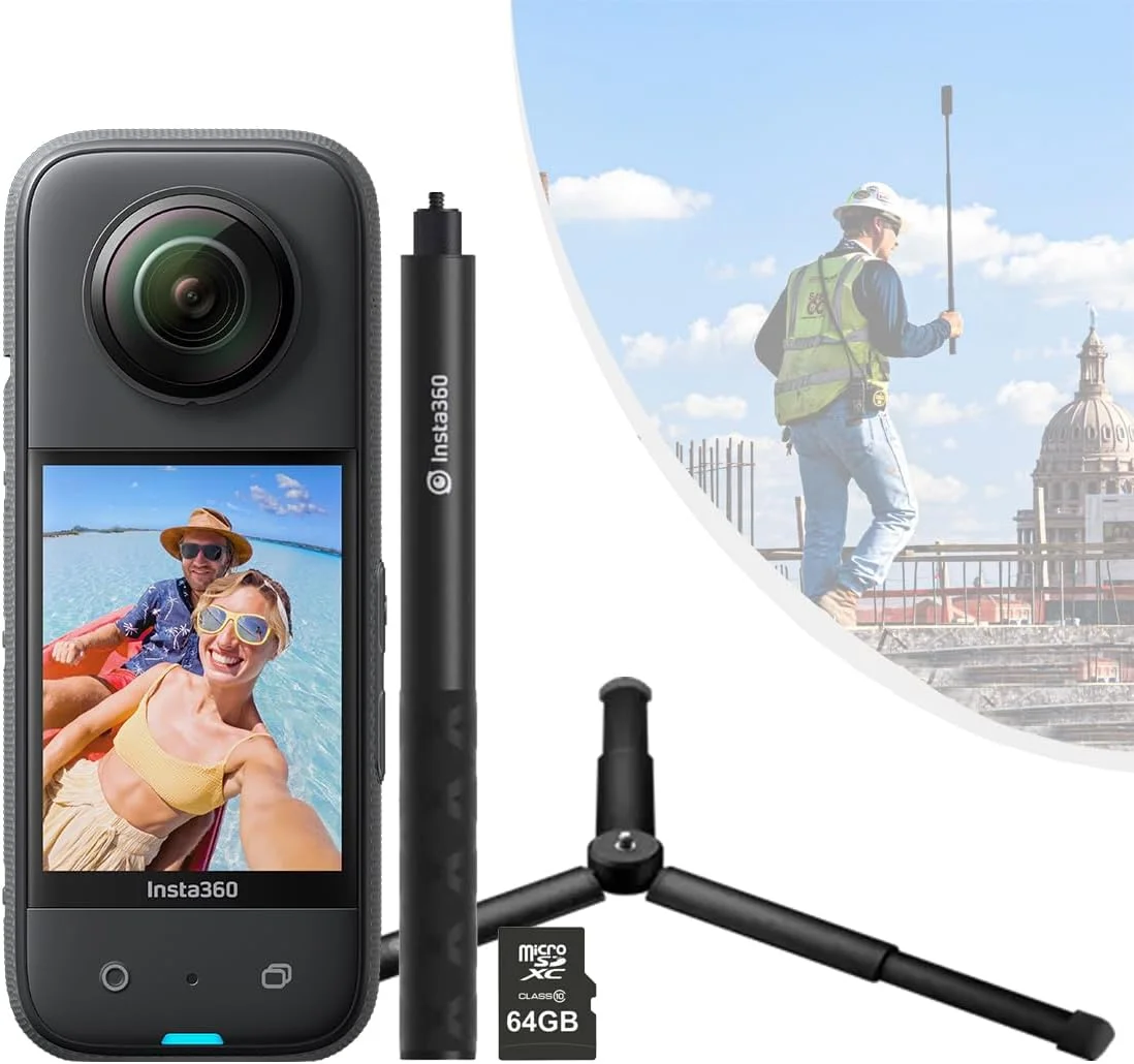 دوربین اکشن 360 درجه Insta360 X3 به همراه کیت لوازم جانبی شامل: مونوپاد نامرئی + سه پایه + 64 گیگابایت