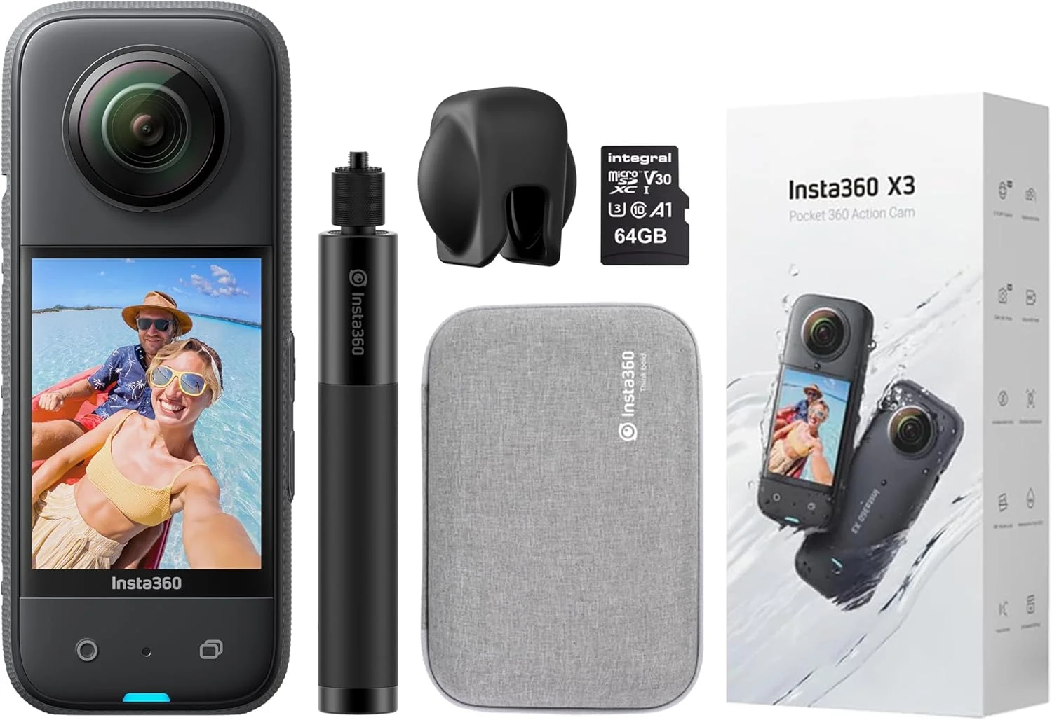 کیت حرفه ای دوربین اکشن 360 درجه Insta360 X3 شامل: مونوپاد نامرئی + کیف حمل سری Insta360 X + درپوش لنز + 64 گیگابایت