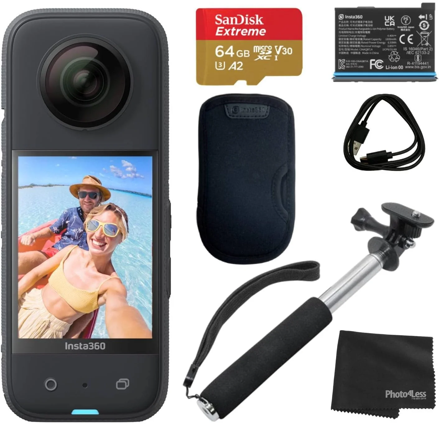دوربین اکشن 360 ضد آب Insta360 X3 با سنسورهای 1/2 اینچی 48 مگاپیکسلی، فیلمبرداری HDR فعال 5.7K، عکس 72 مگاپیکسلی، لنز تکی 4K + کارت حافظه 64 گیگابایتی SD، مونوپاد دستی، پارچه Photo4less - مشکی