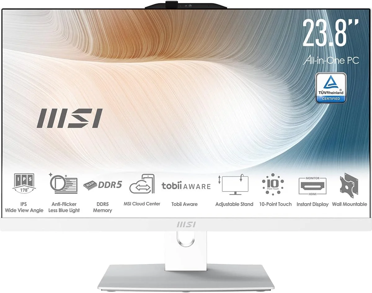 کامپیوتر همه کاره MSI Modern AM242TP: صفحه نمایش 23.8 اینچی FHD، پردازنده Intel Core 5-120U، حافظه 16 گیگابایتی، حافظه SSD NVMe M.2 1 ترابایتی، ویندوز 11 هوم پلاس: سفید 1M-1097US