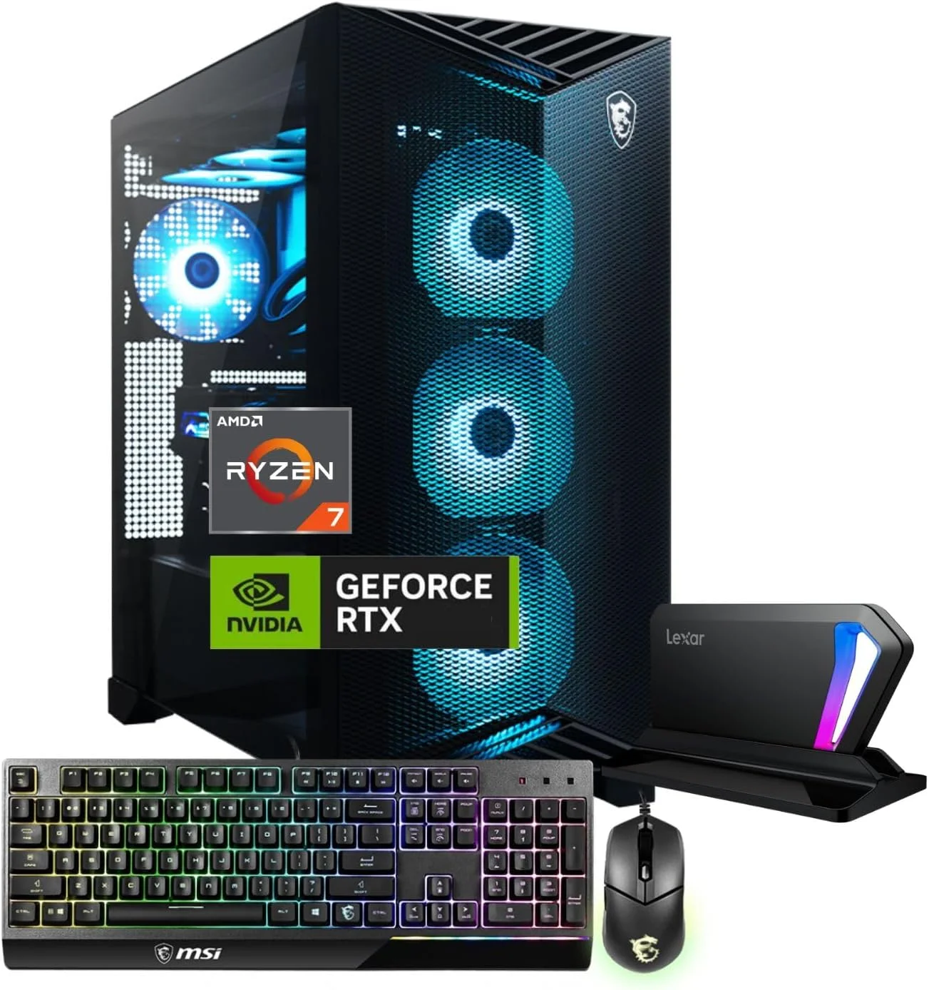 کامپیوتر گیمینگ MSI Aegis ZS2 RTX 5070، پردازنده AMD Ryzen 7 9700X (معادل Intel i9-14900F)، کارت گرافیک NVIDIA RTX 5070، خنک کننده مایع RGB، رم 64 گیگابایتی DDR5، حافظه SSD 2 ترابایتی، کیبورد با نور پس زمینه RGB، Wi-Fi 7، همراه با SSD قابل حمل Lexar SL660 512GB