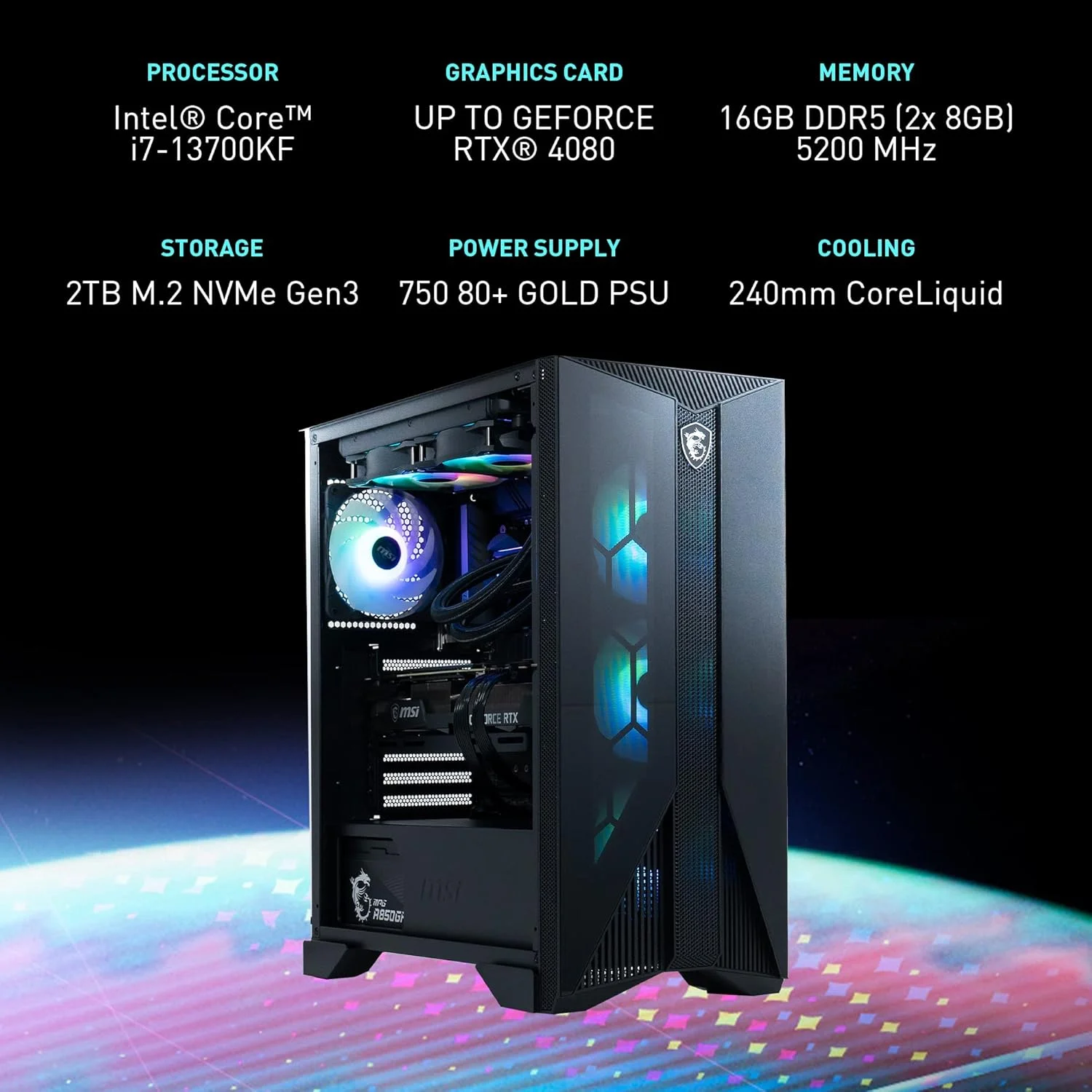 کامپیوتر گیمینگ MSI Aegis RS (Tower)، پردازنده Intel Core i7-13700KF، کارت گرافیک GeForce RTX 4080، حافظه 16 گیگابایتی (8 گیگابایت x 2)، SSD 1 ترابایتی، خنک کننده مایع 240، USB Type-C، آماده واقعیت مجازی، ویندوز 11 هوم پیشرفته - (13NUG-427US)