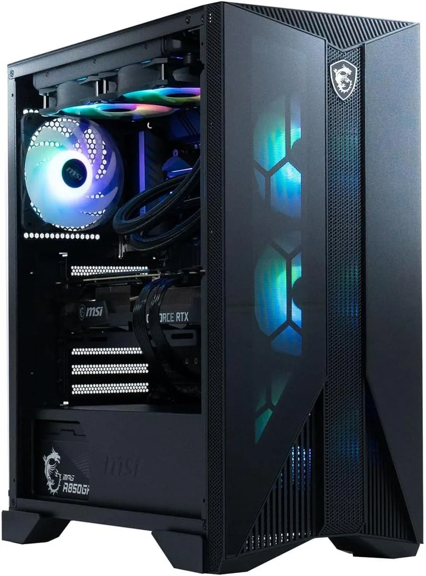 کامپیوتر گیمینگ MSI Aegis RS: پردازنده Intel Core i7-13700KF، کارت گرافیک RTX 4070 Ti، حافظه رم 32GB DDR5، حافظه SSD 2TB M.2 NVMe، خنک کننده مایع، منبع تغذیه 80+ Gold، WiFi 6E، کیبورد و ماوس، قابلیت ارتقا، Windows 11 Pro: 13NUF-439US