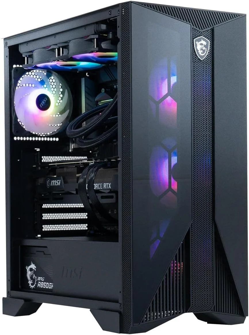 کامپیوتر گیمینگ MSI Aegis RS: پردازنده Intel Core i7-13700KF، کارت گرافیک RTX 4070 Ti، حافظه رم 32GB DDR5، حافظه SSD 2TB M.2 NVMe، خنک کننده مایع، منبع تغذیه 80+ Gold، WiFi 6E، کیبورد و ماوس، قابلیت ارتقا، Windows 11 Pro: 13NUF-439US