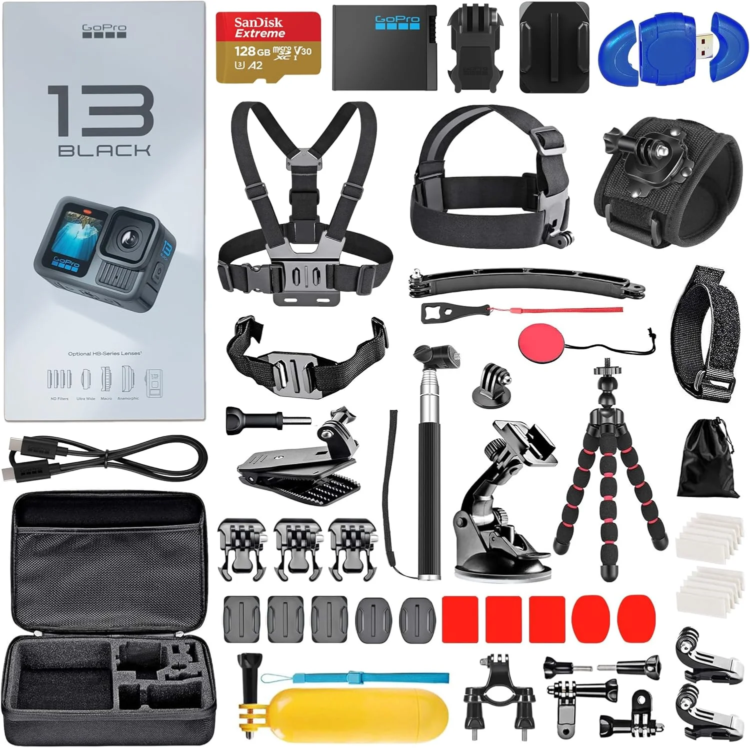 GoPro HERO13 (Hero 13) Black - دوربین اکشن ضد آب با کیفیت 5.3K، عکس های 27 مگاپیکسلی، پخش زنده، وب کم، تثبیت کننده + کارت 128 گیگابایتی، کارت خوان، کیت لوازم جانبی 50 تکه - باندل