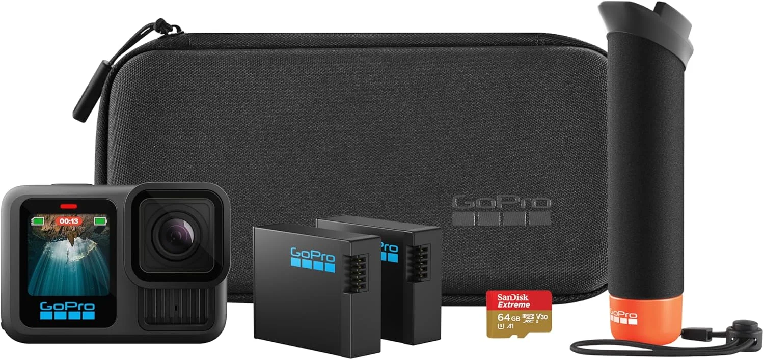 بسته لوازم جانبی GoPro HERO13 Black - شامل دسته شناور The Handler، 2 باتری Enduro، 2 پایه چسبی خمیده، کارت حافظه 64 گیگابایتی SanDisk MicroSD و کیف حمل