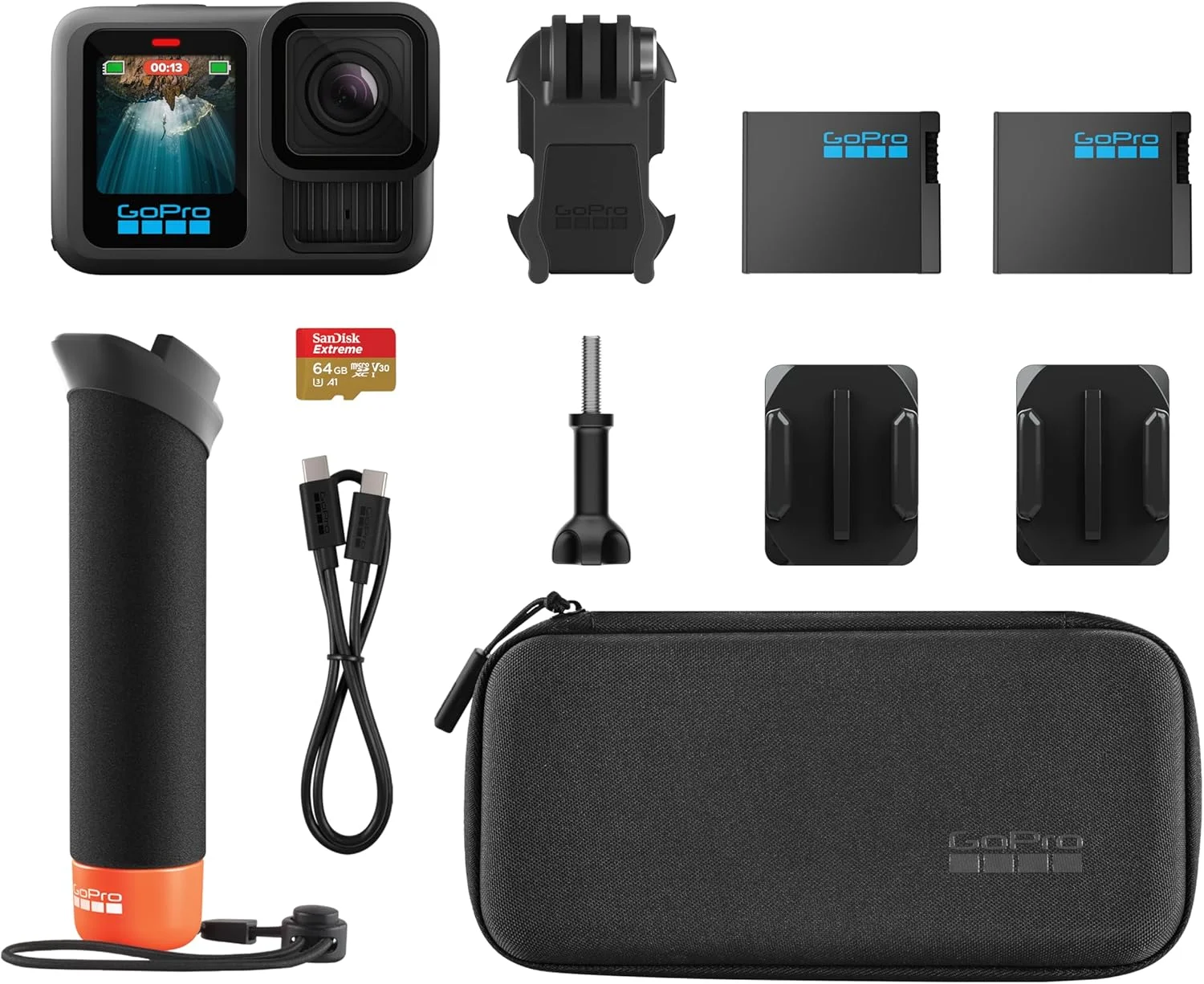 بسته لوازم جانبی GoPro HERO13 Black - شامل دسته شناور The Handler، 2 باتری Enduro، 2 پایه چسبی خمیده، کارت حافظه 64 گیگابایتی SanDisk MicroSD و کیف حمل بسته لوازم جانبی GoPro HERO13 Black - شامل دسته شناور The Handler، 2 باتری Enduro، 2 پایه چسبی خمیده، کارت حافظه 64 گیگابایتی SanDisk MicroSD و کیف حمل
