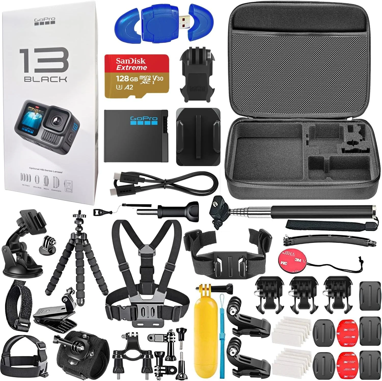 دوربین اکشن ضد آب GoPro HERO13 (Hero 13) Black با ویدئو 5.3K Ultra HD، عکس های 27 مگاپیکسلی، پخش زنده، وب کم، تثبیت کننده + کارت 128 گیگابایتی، کیت لوازم جانبی 50 تکه - باندل