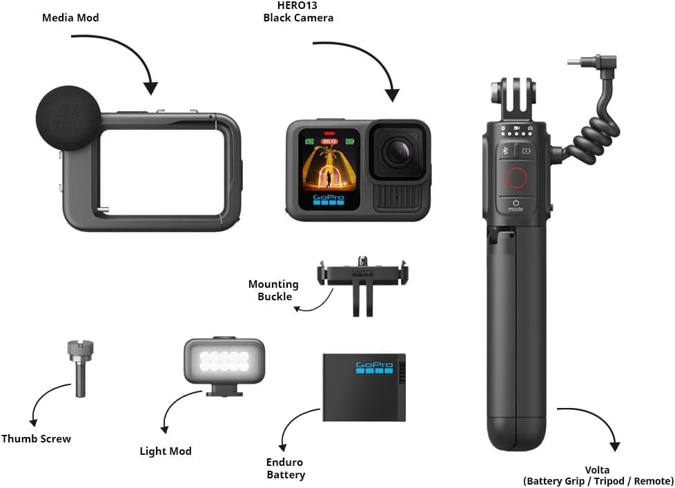 GoPro Hero13 Creator Edition شامل دوربین اکشن Hero13، 27 مگاپیکسل با بلوتوث، Volta، Media Mod، میکروفون داخلی، Light Mod، پایه مغناطیسی (1 سال گارانتی بین المللی + 1 سال گارانتی هند)، مشکی