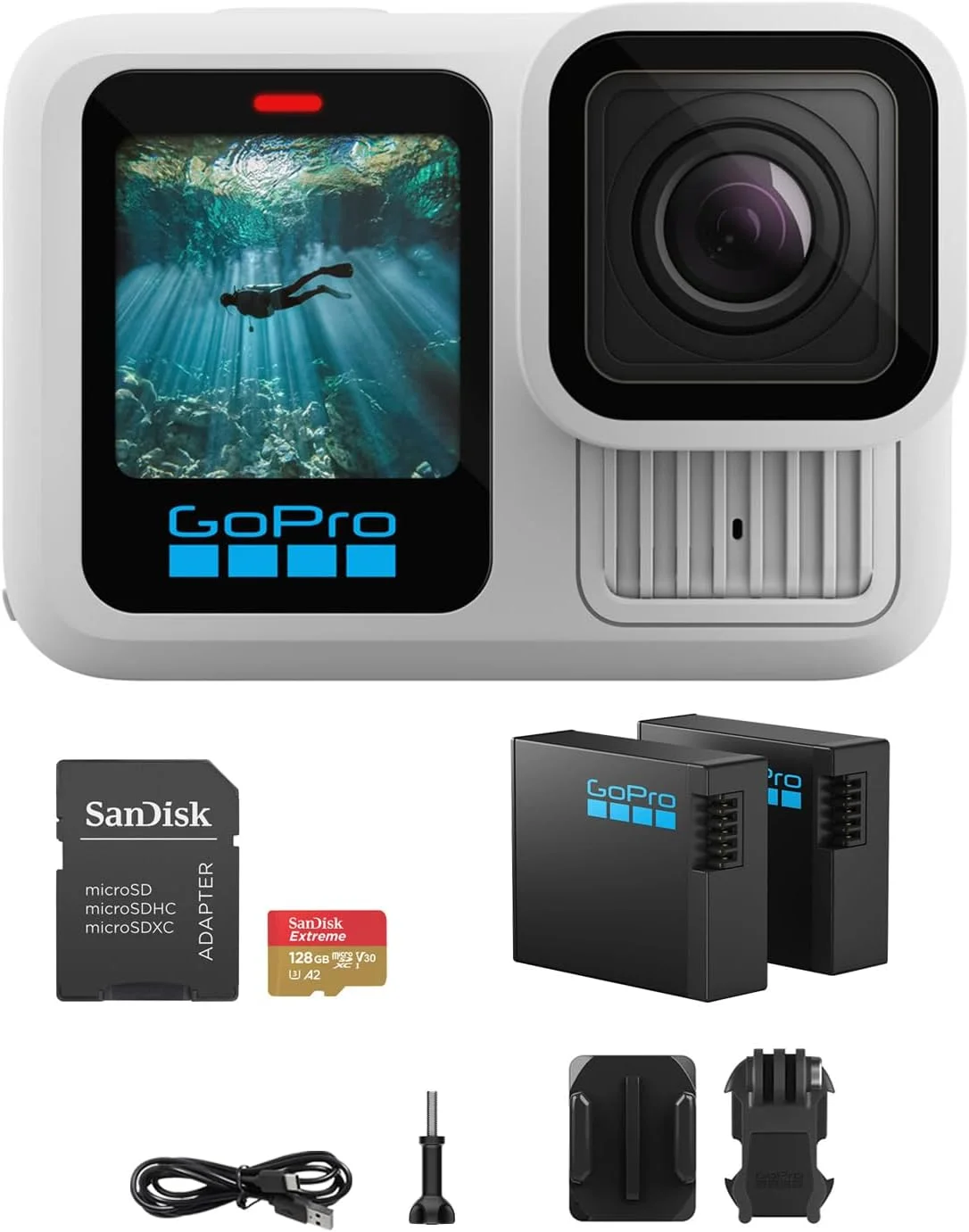 دوربین GoPro HERO13 Black نسخه محدود Polar White | ضد آب، دارای بلوتوث، به همراه باتری قابل شارژ اضافی Enduro و کارت حافظه 128 گیگابایتی Extreme microSDXC به همراه آداپتور SD - مجموعه کامل