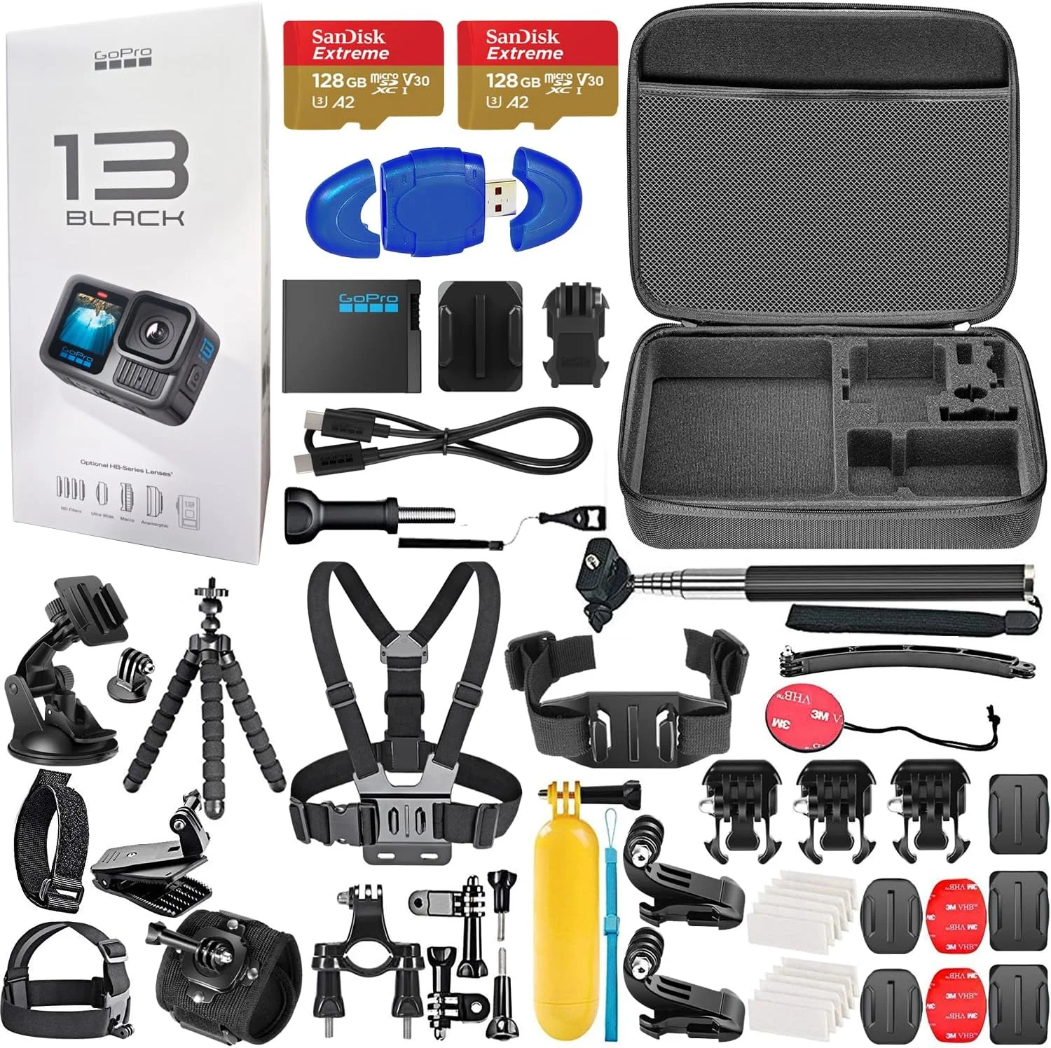 دوربین اکشن GoPro HERO13 (Hero 13) Black - با کیفیت 5.3K، عکس های 27 مگاپیکسلی، پخش زنده، وب کم + 2 عدد کارت 128 گیگابایتی، کیت لوازم جانبی 50 تکه - باندل
