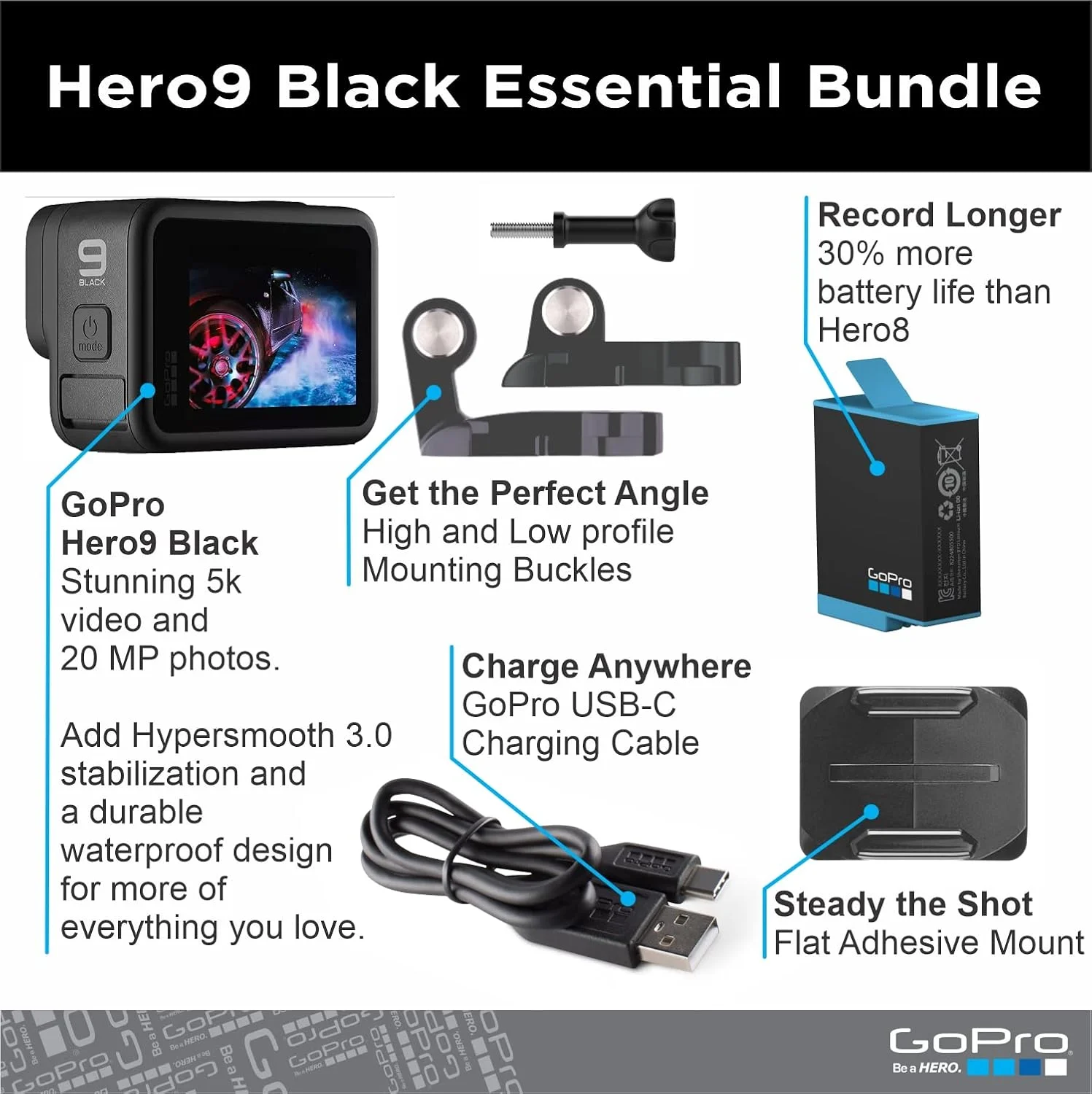 دوربین اکشن ضد آب GoPro HERO9 Black - بسته بندی تجارت الکترونیک - با LCD جلو و صفحه نمایش لمسی عقب، فیلم 5K Ultra HD، عکس های 20 مگاپیکسلی، پخش زنده 1080p، وب کم، تثبیت کننده دوربین اکشن ضد آب GoPro HERO9 Black - بسته بندی تجارت الکترونیک - با LCD جلو و صفحه نمایش لمسی عقب، فیلم 5K Ultra HD، عکس های 20 مگاپیکسلی، پخش زنده 1080p، وب کم، تثبیت کننده