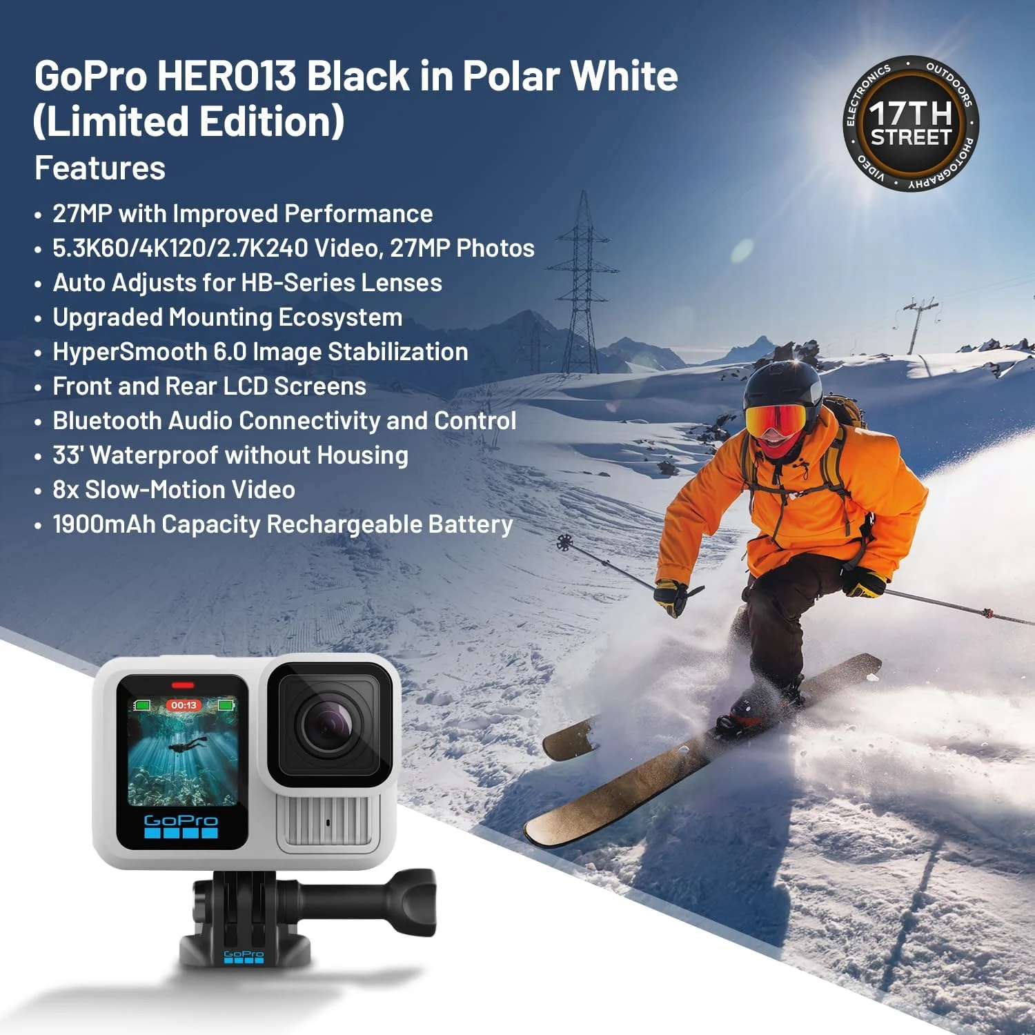 دوربین GoPro HERO13 Black نسخه محدود Polar White | ضد آب، دارای بلوتوث، به همراه باتری قابل شارژ اضافی Enduro و کارت حافظه 128 گیگابایتی Extreme microSDXC به همراه آداپتور SD - مجموعه کامل دوربین GoPro HERO13 Black نسخه محدود Polar White | ضد آب، دارای بلوتوث، به همراه باتری قابل شارژ اضافی Enduro و کارت حافظه 128 گیگابایتی Extreme microSDXC به همراه آداپتور SD - مجموعه کامل