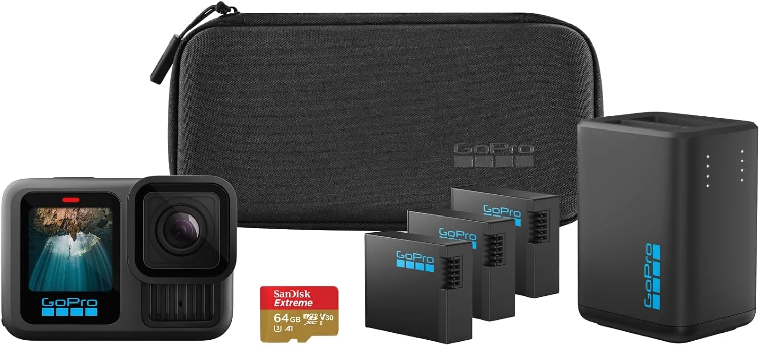 بسته باتری اضافه GoPro HERO13 Black - شامل شارژر باتری دوتایی، 3 باتری Enduro، کارت microSD 64 گیگابایتی، پایه چسبی خمیده و کیف دوربین - با گارانتی رسمی GoPro امارات