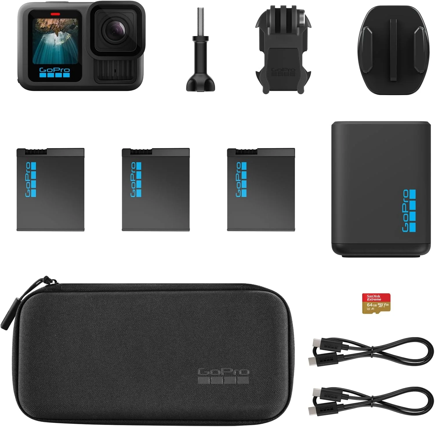 بسته باتری اضافه GoPro HERO13 Black - شامل شارژر باتری دوتایی، 3 باتری Enduro، کارت microSD 64 گیگابایتی، پایه چسبی خمیده و کیف دوربین - با گارانتی رسمی GoPro امارات بسته باتری اضافه GoPro HERO13 Black - شامل شارژر باتری دوتایی، 3 باتری Enduro، کارت microSD 64 گیگابایتی، پایه چسبی خمیده و کیف دوربین - با گارانتی رسمی GoPro امارات